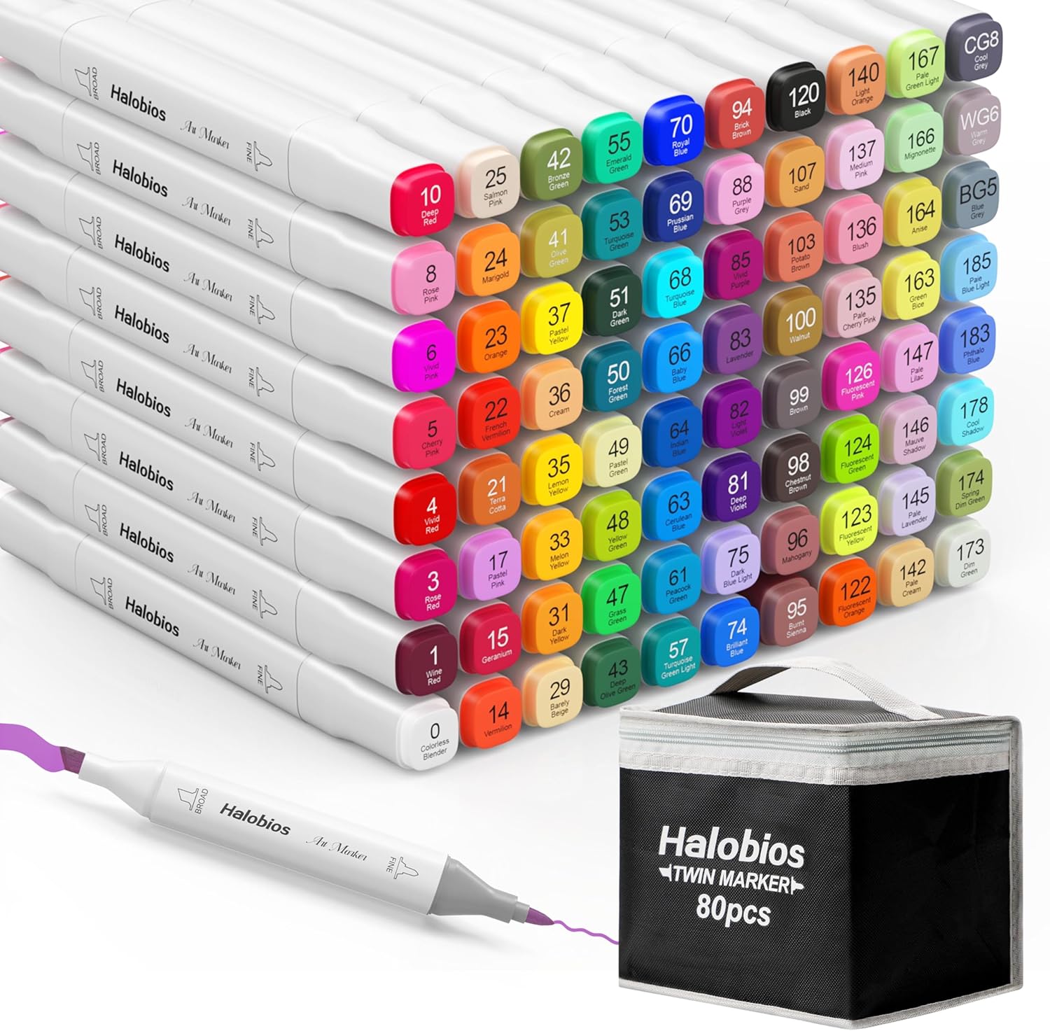 Halobios 80 Colors Marker Set, Permanent Alcohol Markers, Dual Tip Fine & Chisel Art Markers for Drawing, Sketching, Anime, Manga, Adult Colouring Pens for Kids Students Artists with Carrying Case