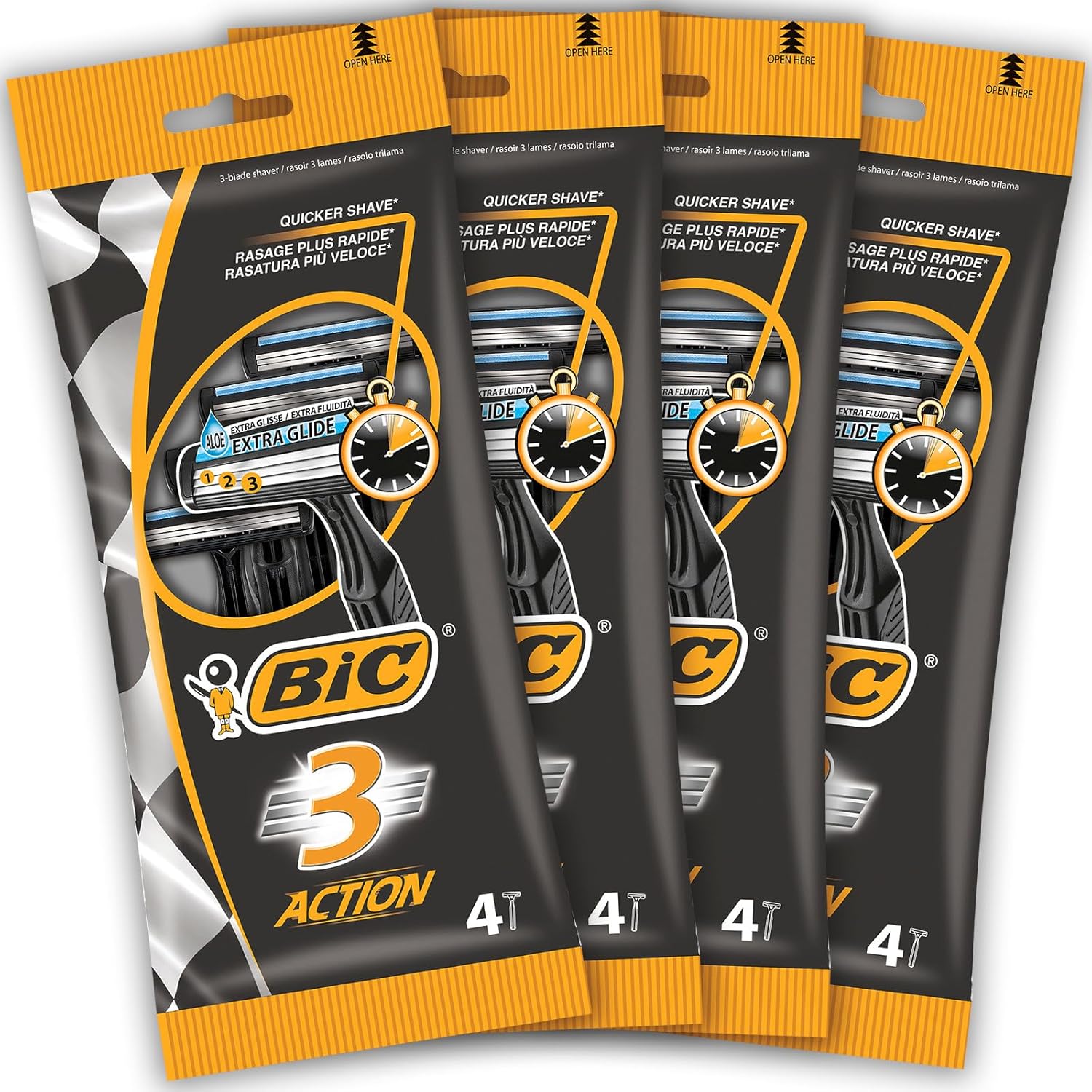BIC 3 Action, Men's Disposable Razors, Fixed Head, Triple Blade for Great Control, Bundle of 4 Packs of 4
