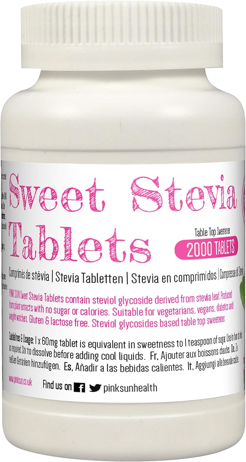 PINK SUN Stevia Tablets x 2000 Refill Tabs (Top up for 500 tablet dispenser) Sweetener Sugar Alternative Replacement Vegetarian Vegan Gluten Free Low Carb Non GM Zero Calories Bulk Buy