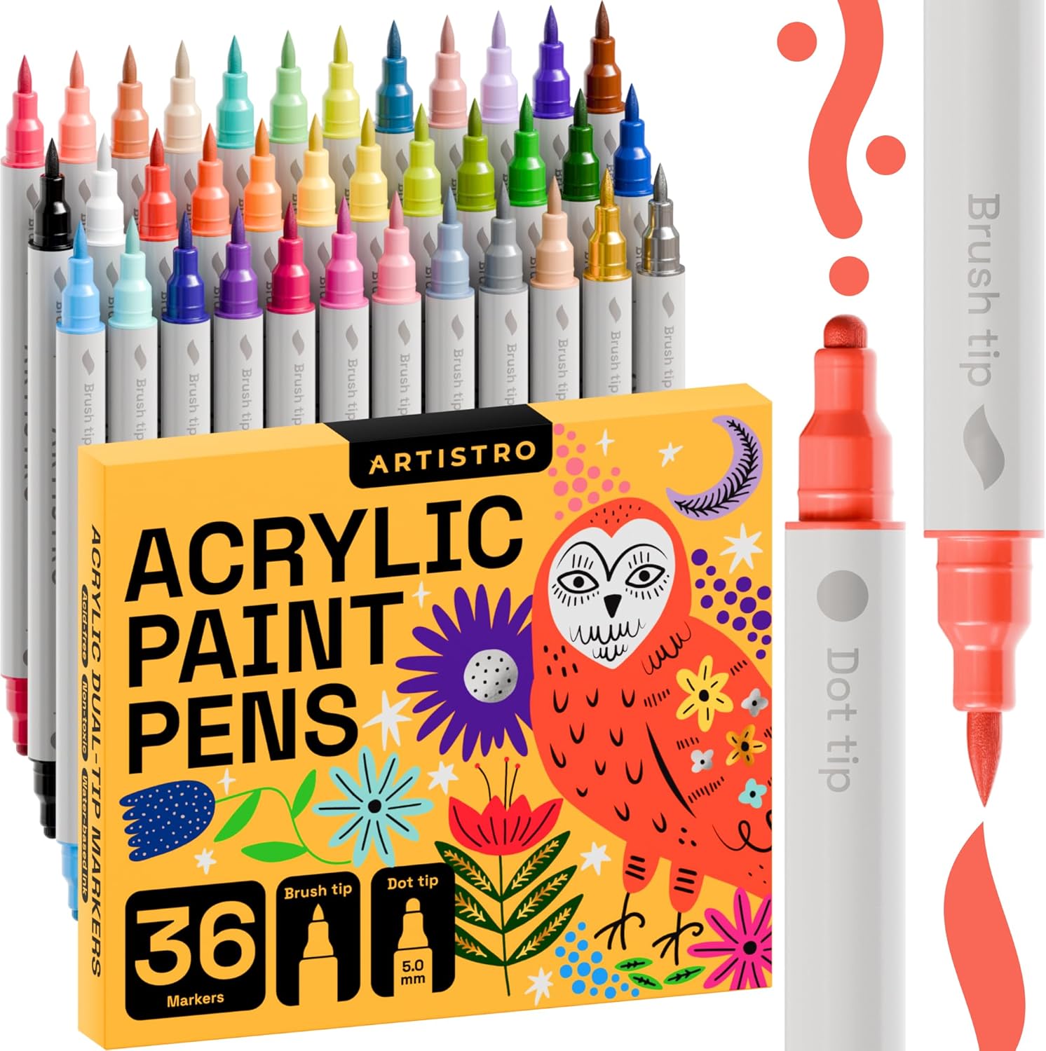 ARTISTRO Acrylic Paint Pens, Acrylic Paint Markers Dual Tip Markers, Acrylic Markers for Fabric, Canvas, Rock, Glass, Wood, Paper, DIY, Paint Markers (Dual Tip Dot + Brush, 36)
