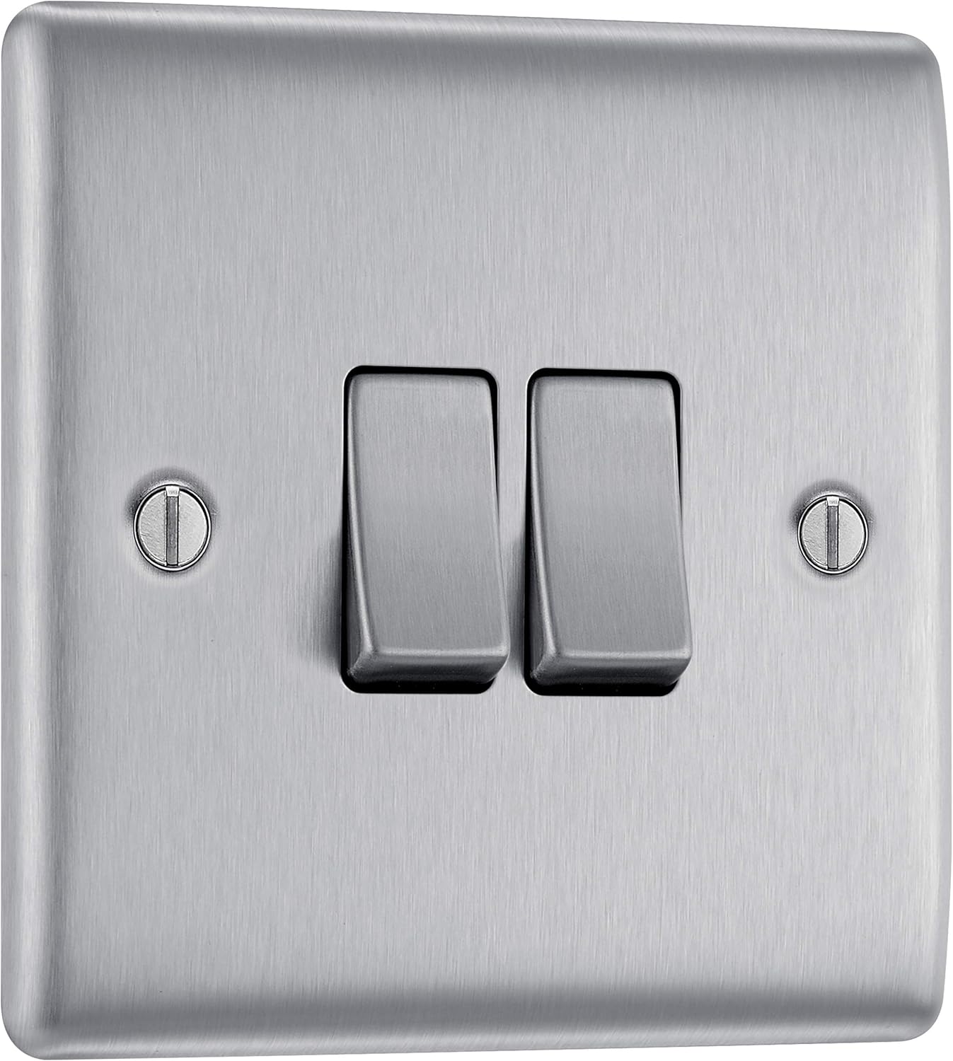 BG Electrical Double Wall Light Switch, 2 Way, Raised and Slim Profile, Round Edges, Nexus Metal, Brushed Steel, 20A, 16AX, NBS42