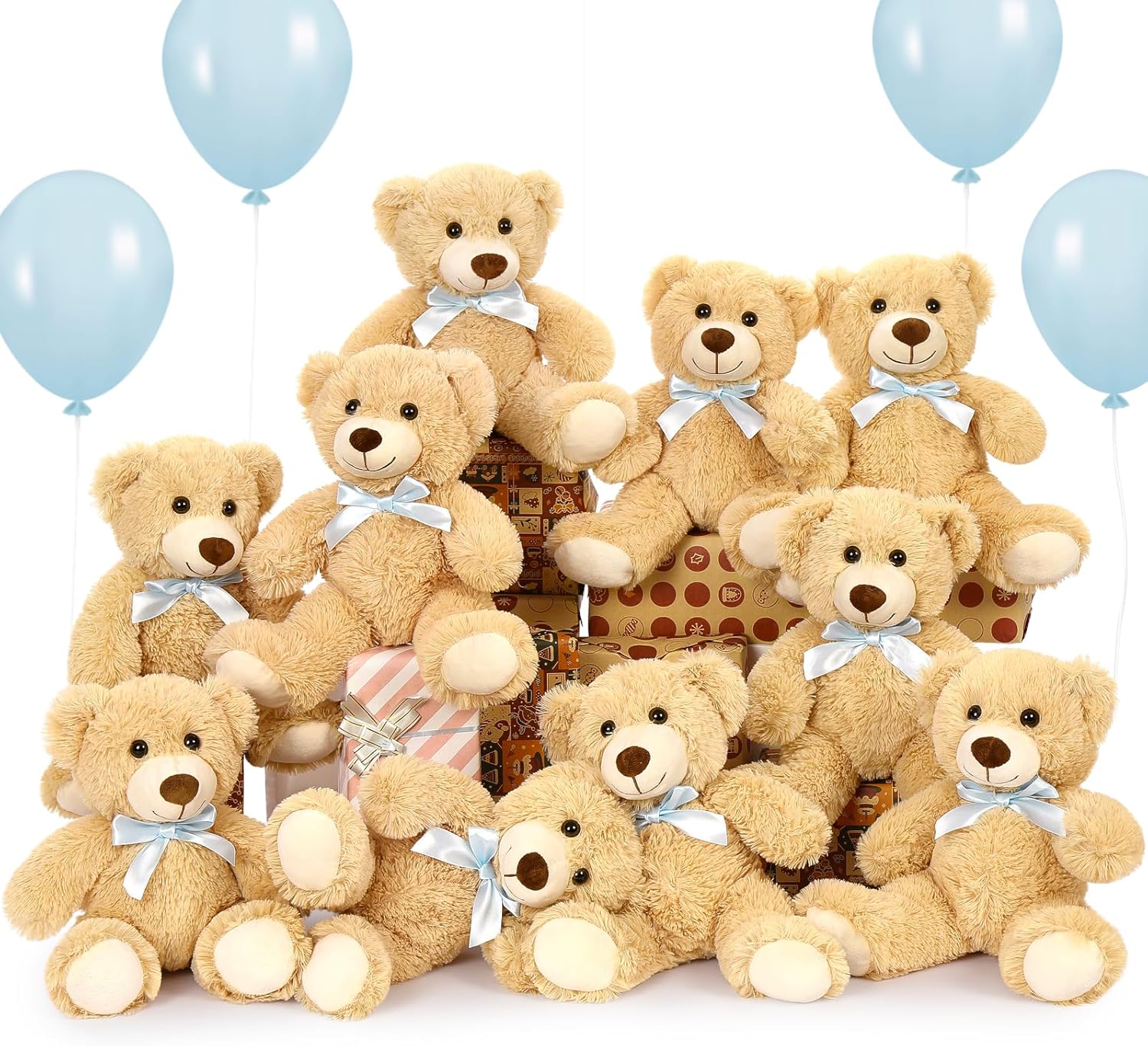 MorisMos Bulk Teddy Bear for Baby Shower,10-Pack Teddy Bear Stuffed Animals Bulk,14 in Teddy with Baby Blue Bow,Soft Stuffed Animal Wholesale for Birthday Christmas Valentine's,Brown