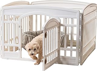 IRIS USA Dog Playpen, 4-Panel 24" Pet Playpen with Door, Puppy Playpen, Indoor/Outdoor Dog Pen, 35 x 35 x 24, Foldable, Customizable, White