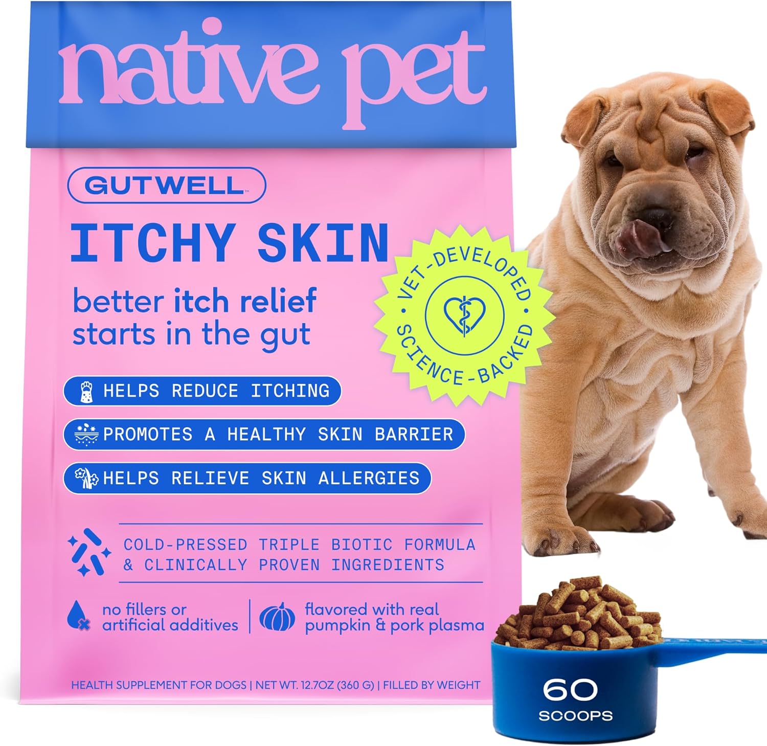 GutWell Itchy Skin Relief for Dogs - Dog Allergy & Anti Itch Skin Irritation Treatment - Promotes Skin Hydration, Elasticity & Healthy Barrier with Triple-biotic Blend, Zinc, & Vitamin E - 60 Scoops
