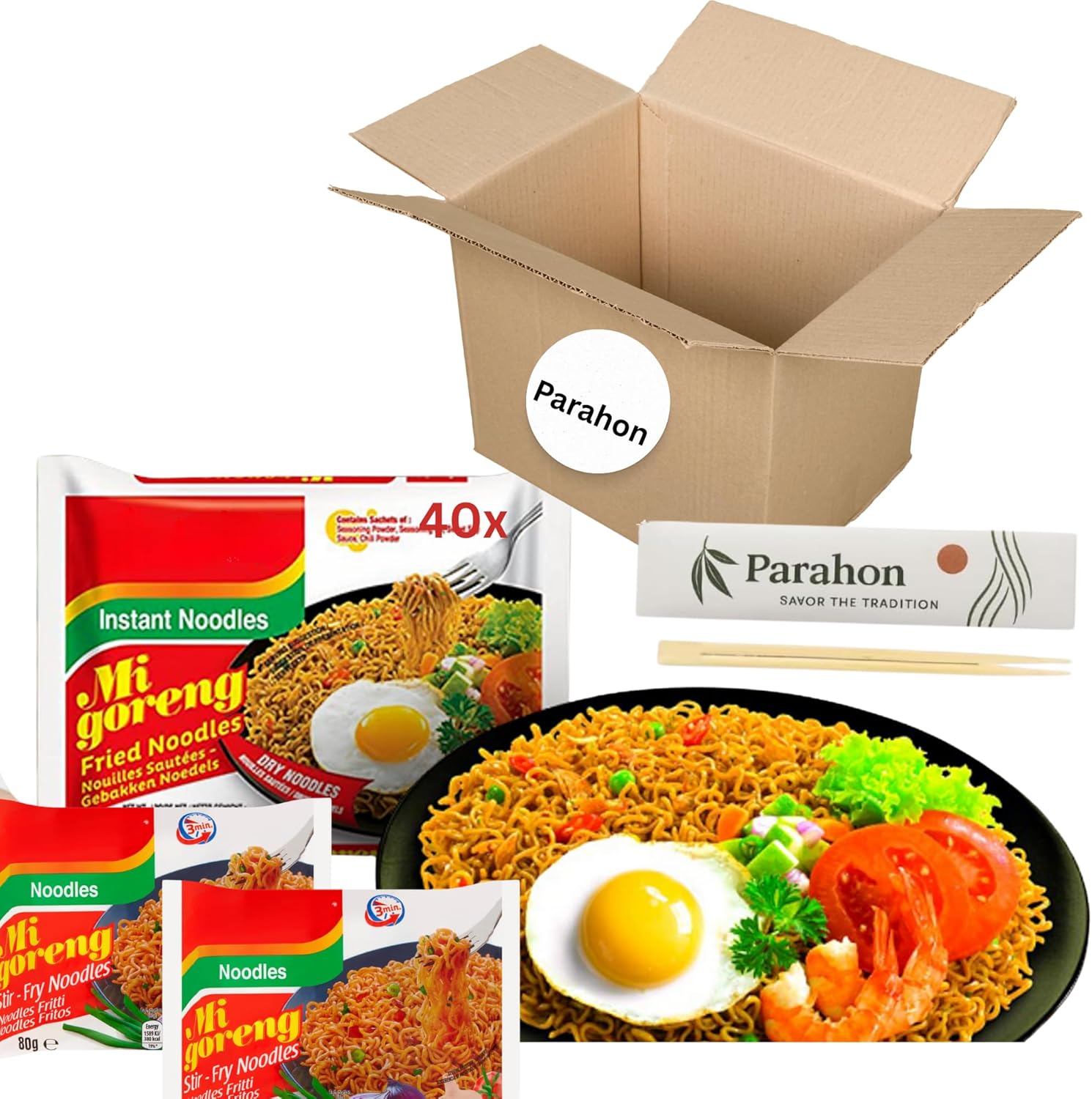 Mi Goreng Instant Noodles with Parahon Chopsticks – Halal Indonesian Fried Noodles – Assorted Flavors & Pack Sizes – Asian Pantry Staple (40 Pack)