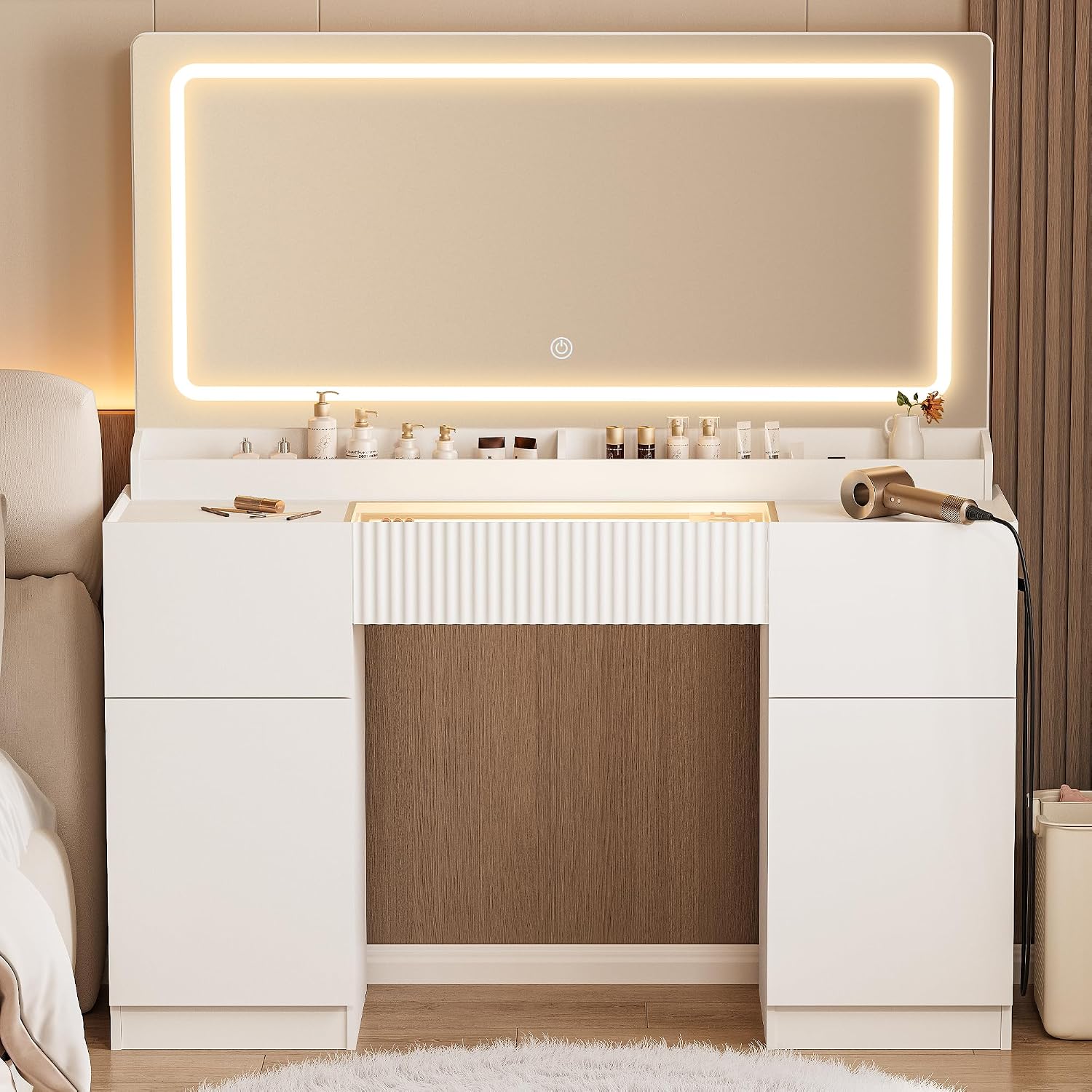 INNOD 44" Vanity Desk with Large Mirror and Lights, Modern Glass Top Makeup Vanity Set with Power Outlet, 3 Drawers and 2 Cabinet, 3 Lighting Color Adjustable Dressing Table for Bedroom,Pure White