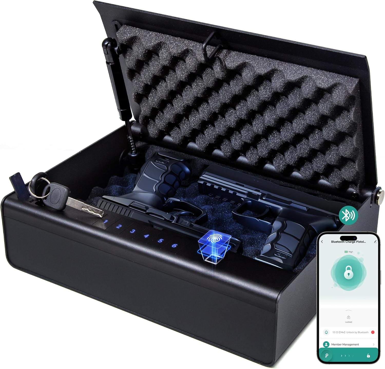 Biometric Fingerprint Gun Safe Pistol Safe 4 Ways 0.1S Quick Access, Fingerprint/Passcode/Key/App Unlock, Large Capacity Handgun Safe for 2 Pistols