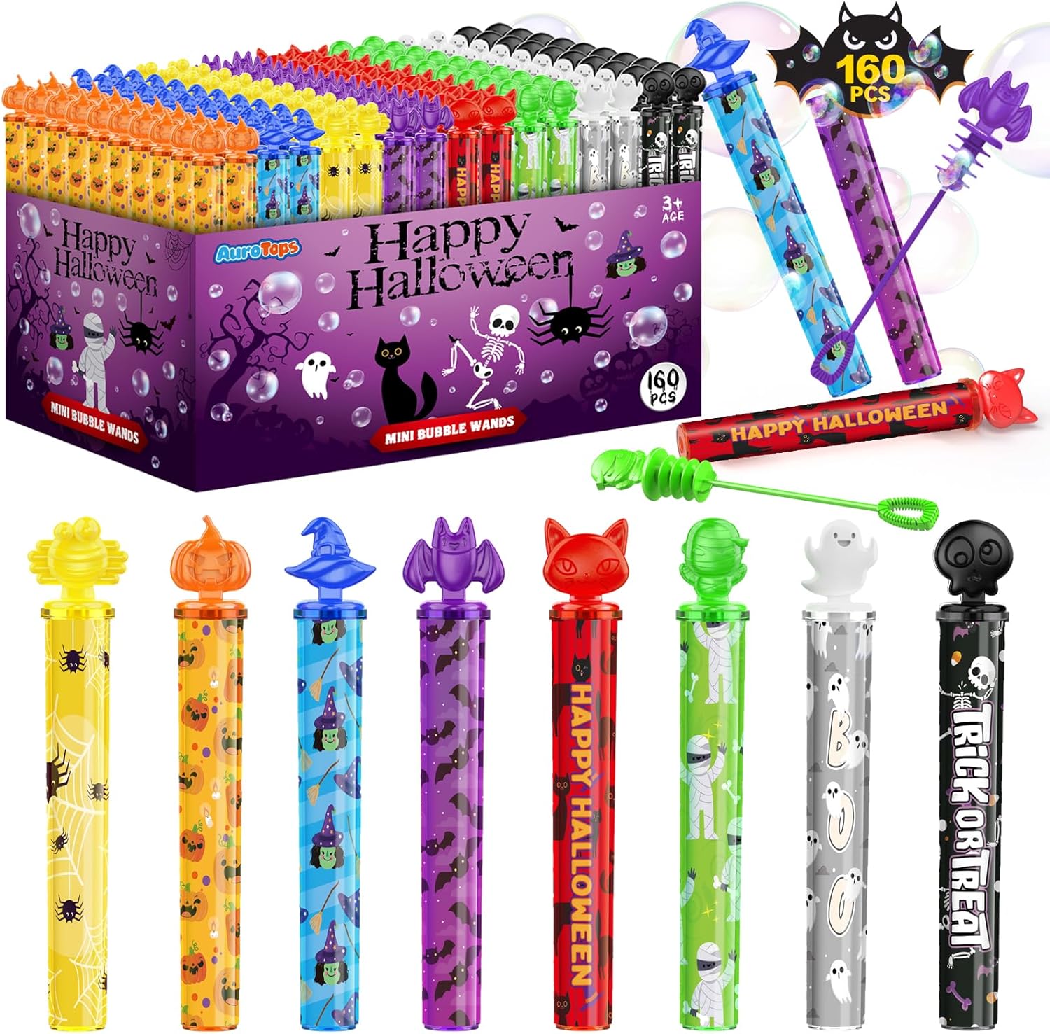 AuroTops 160pcs Halloween Mini Bubble Wands, Halloween Party Favors for Kids, Halloween-Themed Stickers Bubble Wands for Trick or Treat, Goodie Bags, Halloween Toys Gifts for Kids