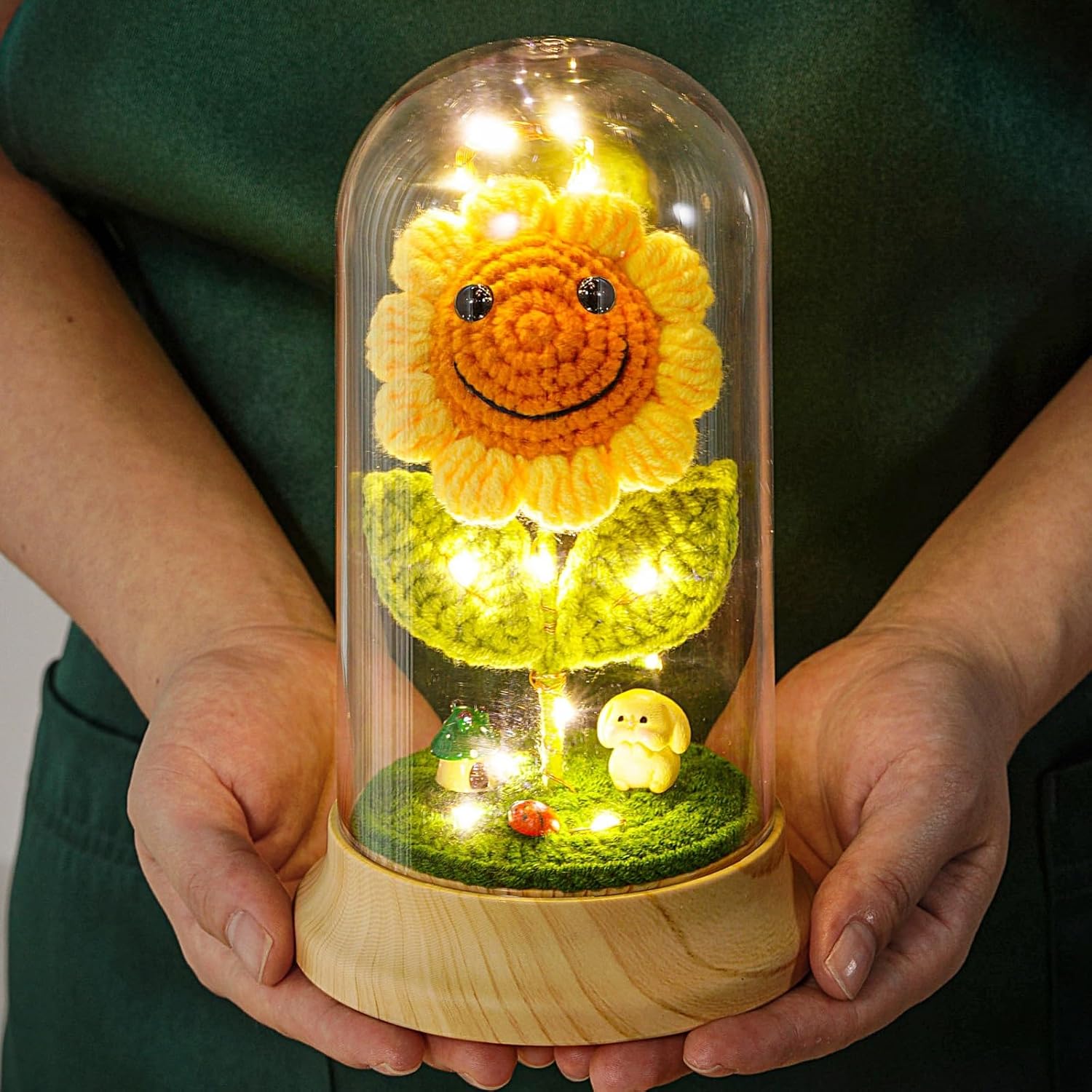 Levvohd Crochet Sunflower Gift for Women, Artificial Sun Flower Gift for Grandma, in Plastic Dome (B - Sunflower 4.3 in X 7.5 in)