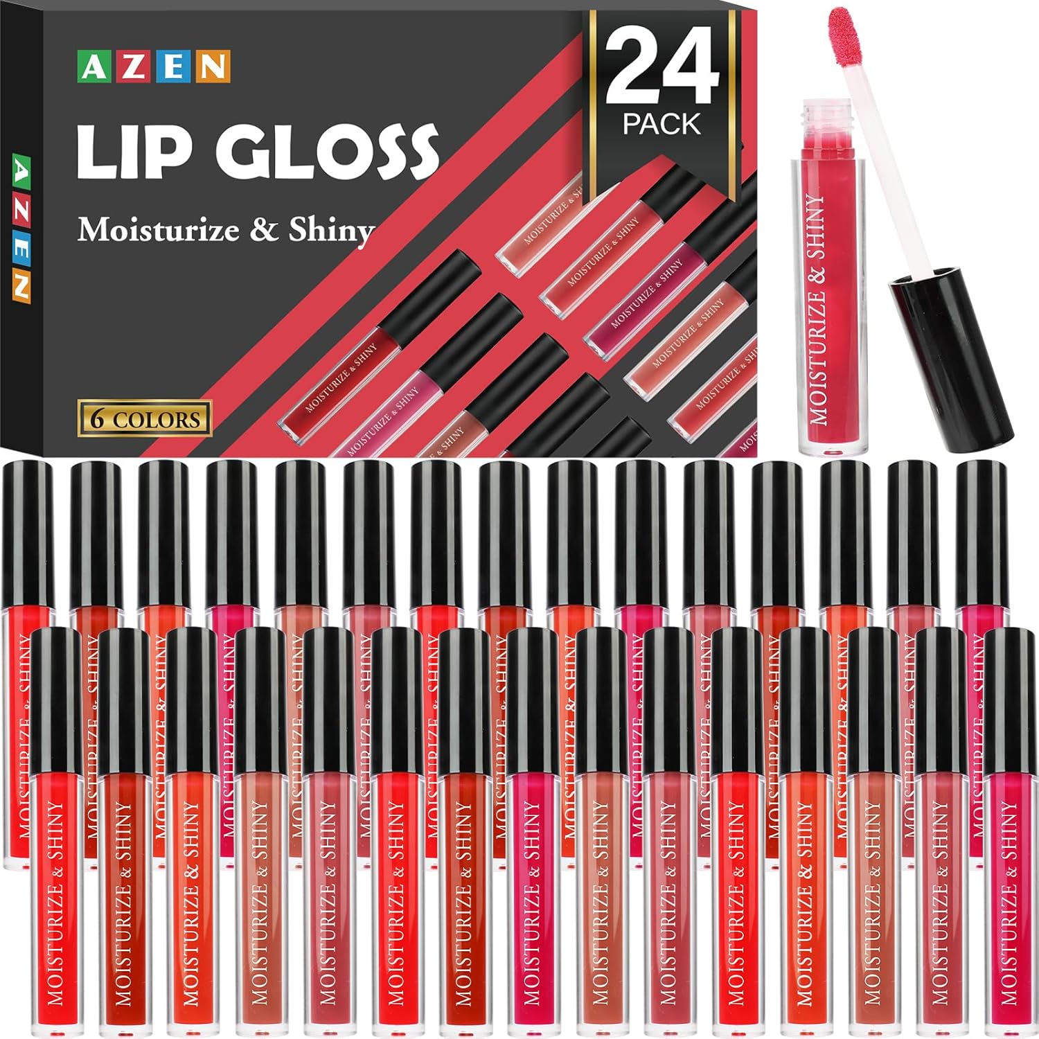 AZEN 24 Pack Lip Gloss Bulk Set, Shimmery Lip Gloss for Women and Girls With Rich Varied Colors