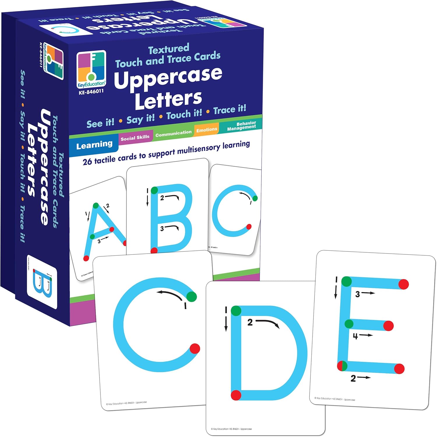 Key Education Textured Touch and Trace Alphabet Flash Cards, 26 Uppercase Letter Tracing Flashcards, ABC Preschool and Kindergarten Learning Activities