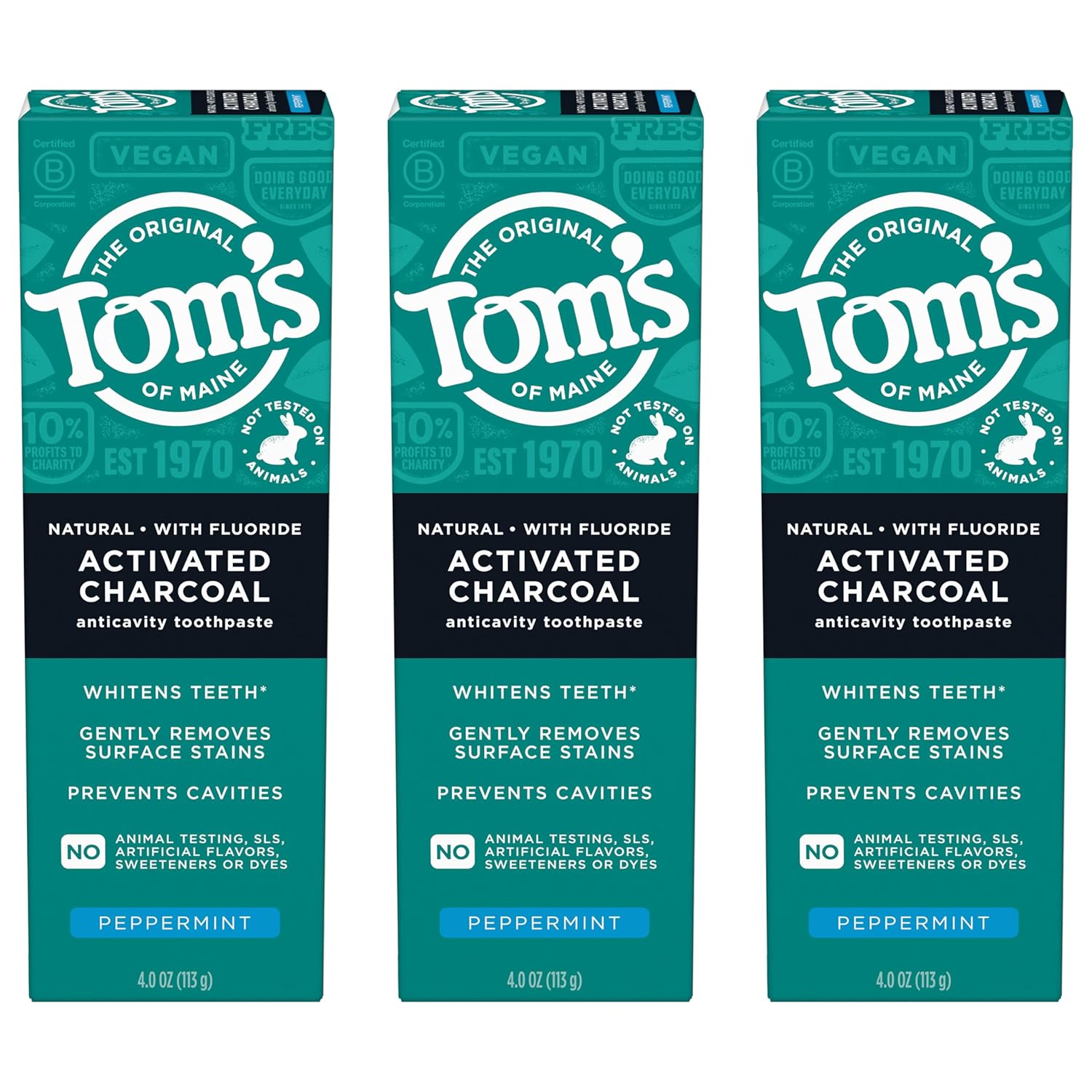 Tom’s of Maine Natural Activated Charcoal Toothpaste with Fluoride, Peppermint, 3 Pack, 4.0 Oz