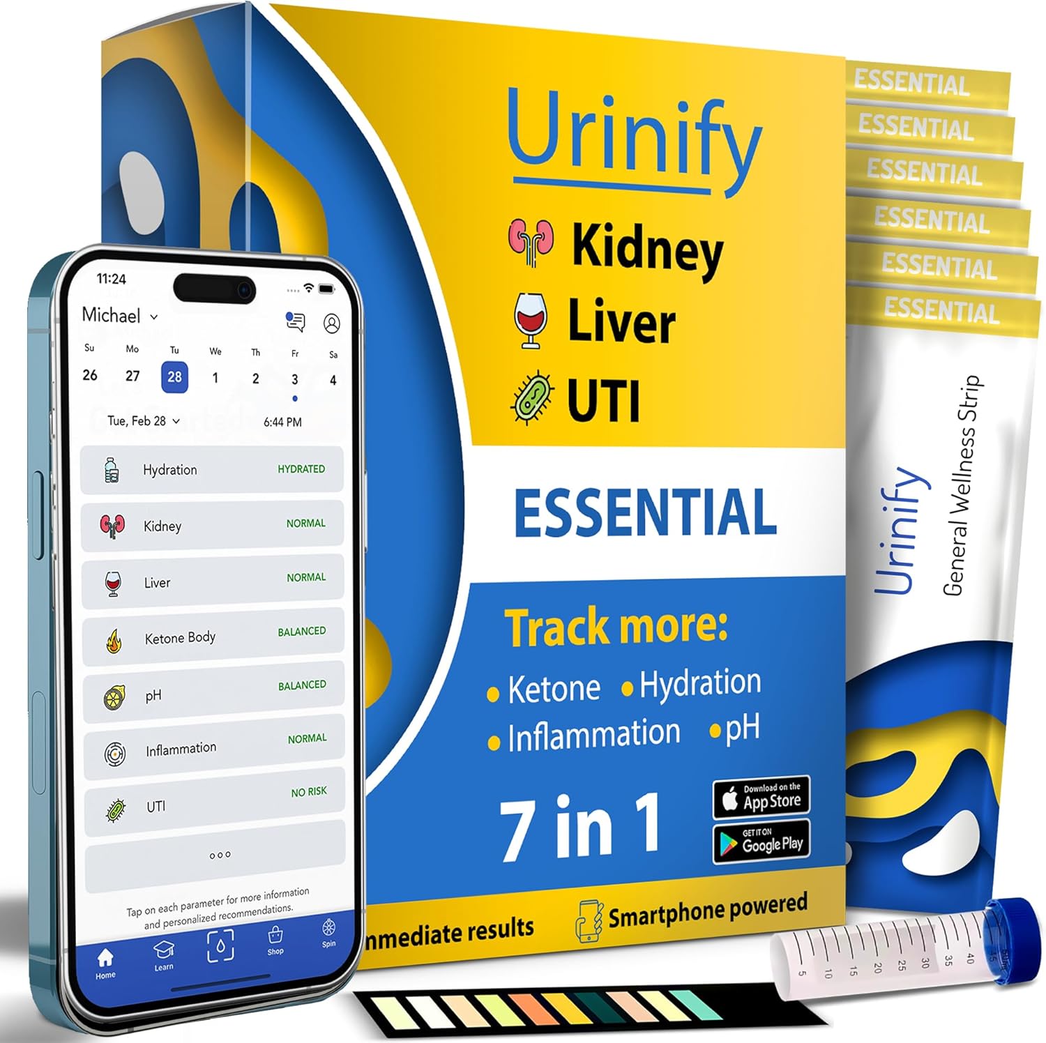 [URINIFY Essential] Mobile App Urine Test Strips and at Home UTI Test Strips, Kidney Test kit at Home, Hydration, Keto Test Strips, pH Test Strips, Liver Test, urinalysis Test, Protein, 6 Strips