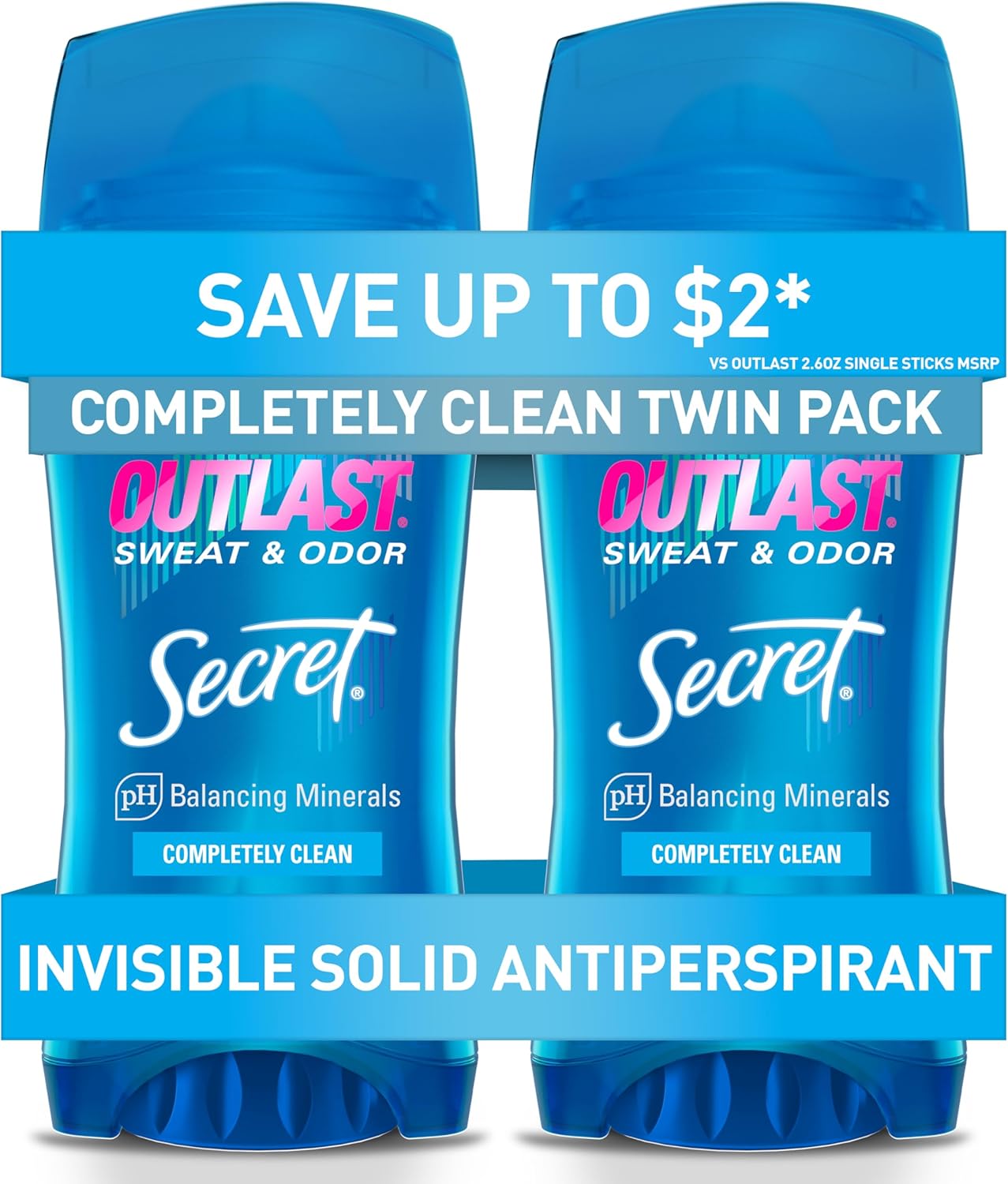 Secret Outlast Antiperspirant Deodorant for Women, 72hr Sweat & Odor Protection, PH Balancing Minerals, Invisible Solid, Completely Clean Scent, 2.6 oz (Pack of 2)