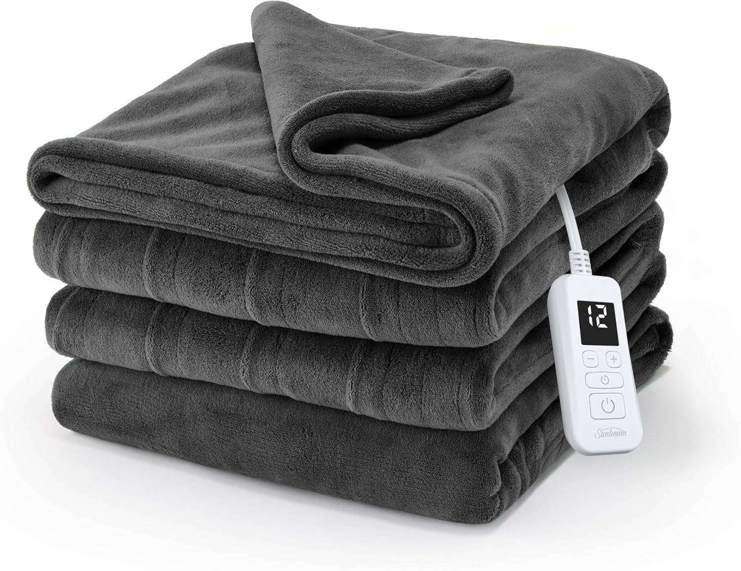 Sunbeam Electric Royal Luxe Microplush Heated Blanket, 12 Heat Settings, 12-Hour Selectable Auto Shut-Off, Fast Heating, Warm and Cozy, Night Fog Color, Twin, 84" x 62"