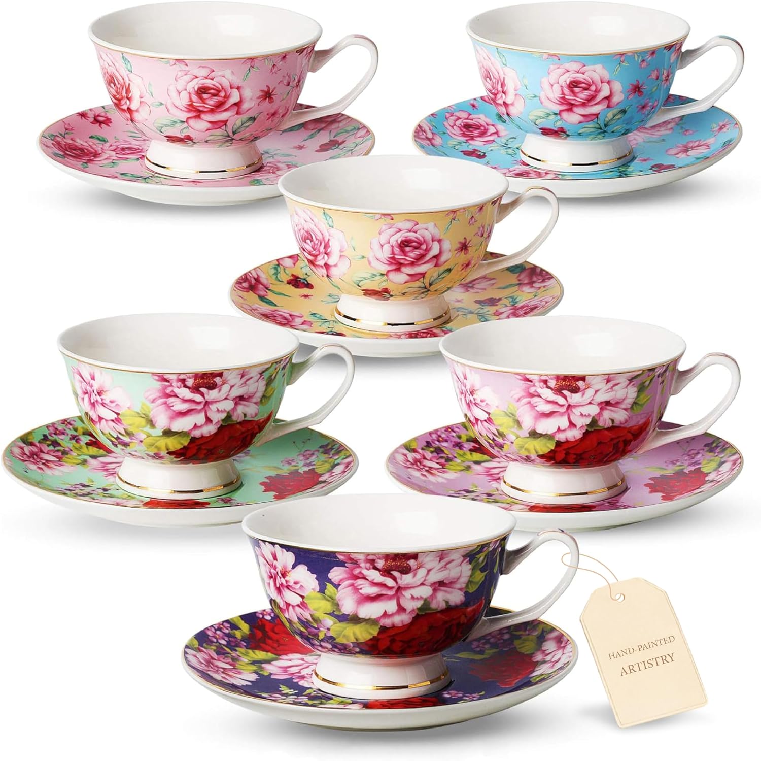 BTaT- Floral Tea Cups and Saucers, 8 oz, Set of 6 | Fine Porcelain Teacup Set with Gold Trim for Afternoon Tea Weddings Parties Gifting Dishwasher Safe Lightweight Non Toxic