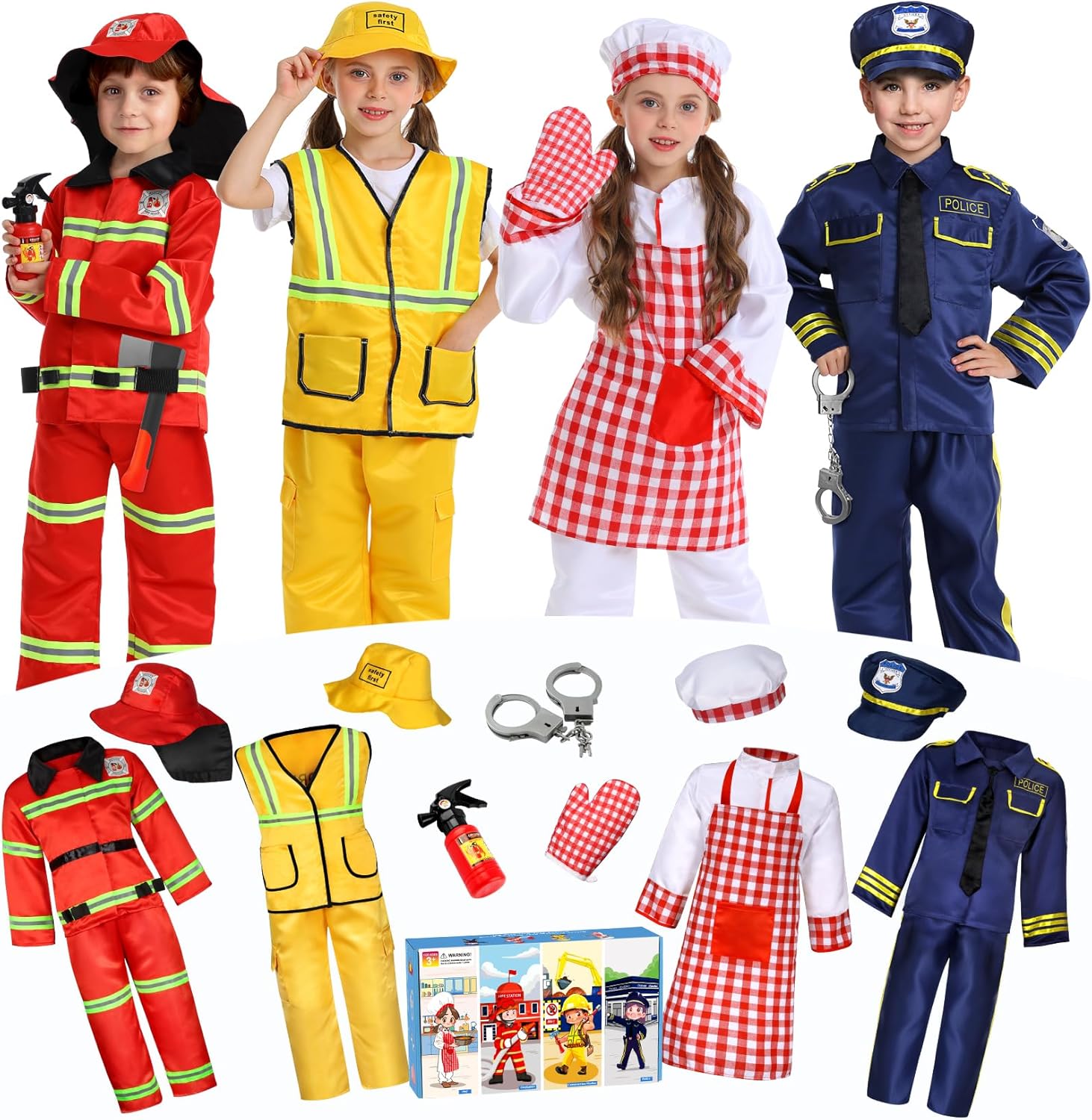14Pcs Toddler Dress up Clothes,Boys Dress up Costumes for Play,Kids Dress up Set with Firefighter,Construction Worker,Chef,Police Costume,Toddler Boy Toys Christmas Birthday Gifts for 3-6 Years Old