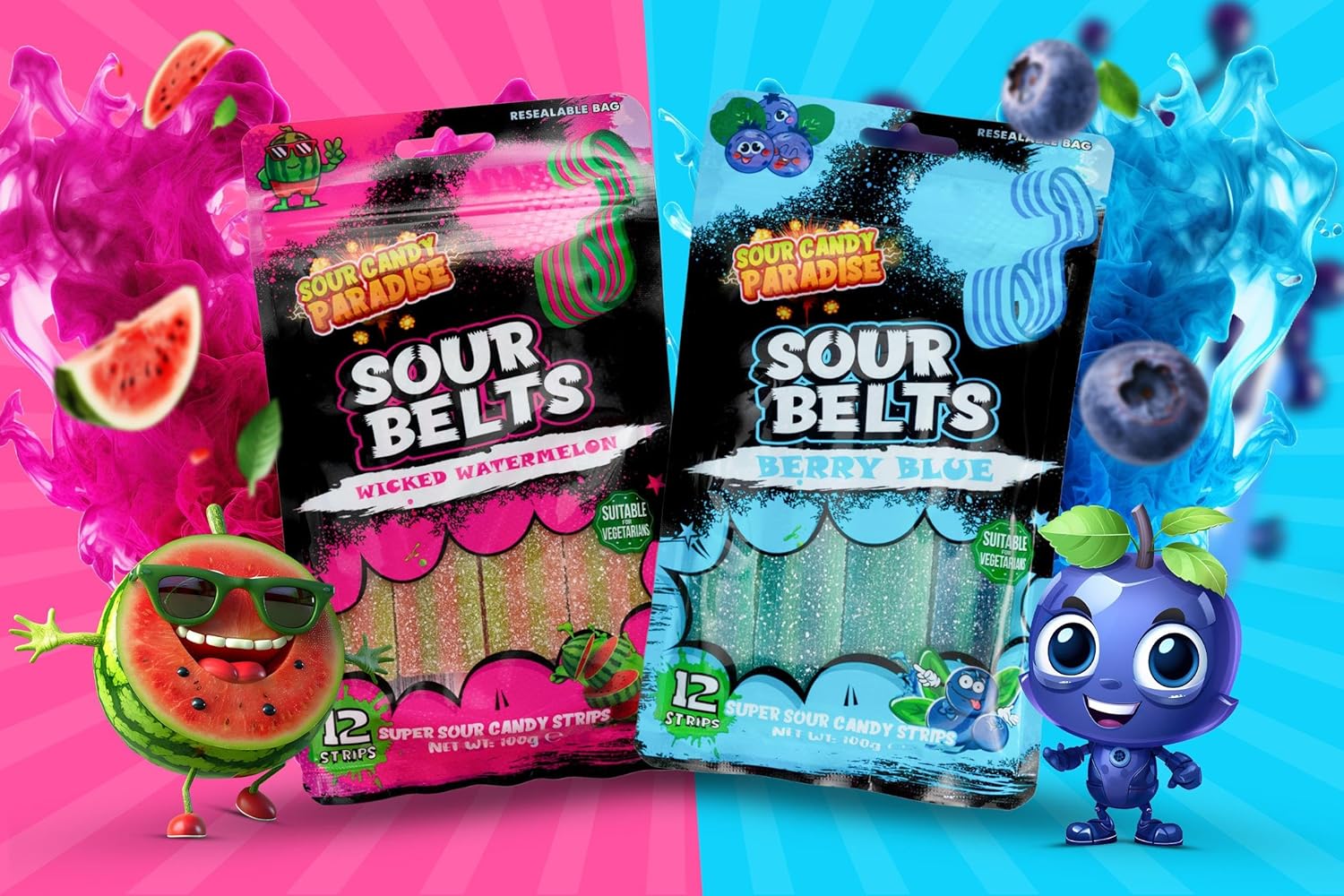 Candy Paradise Sour Candy Paradise Sour Belts Super Sour Candy Strips 12 Strips 100g (Pack of 1 (Each), Watermelon & Blueberry)