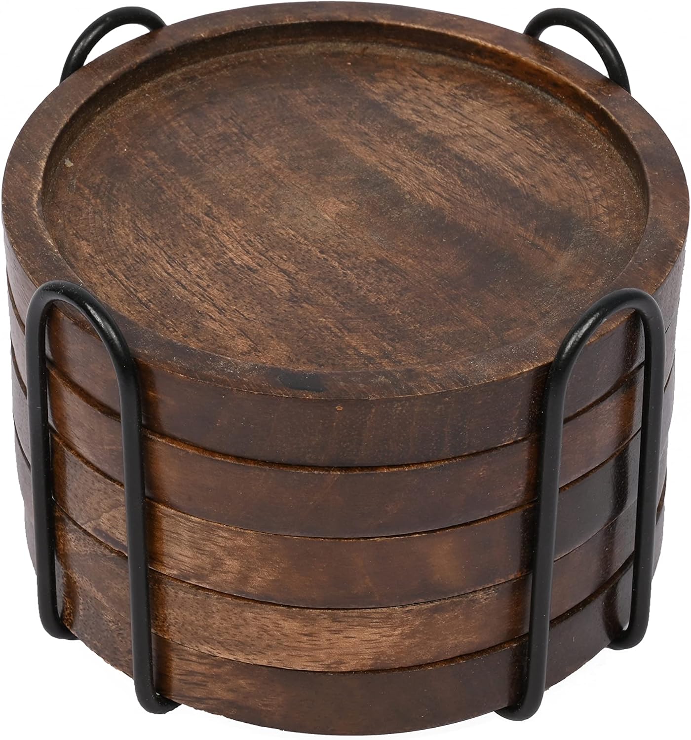 SAMHITA Mango Wood Coasters for Drinks with Iron Holder Stand Set of 5 for Drinking Glasses, Tabletop Protection for Any Table Type