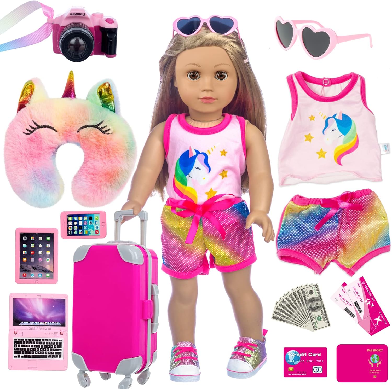 23 Pcs American 18 inch Doll Clothes and Accessories - Suitcase Luggage , Pillow, Sunglasses, Camera, Passport, Mobile Phone , Computer Doll Travel Gear Play Set (No Doll)