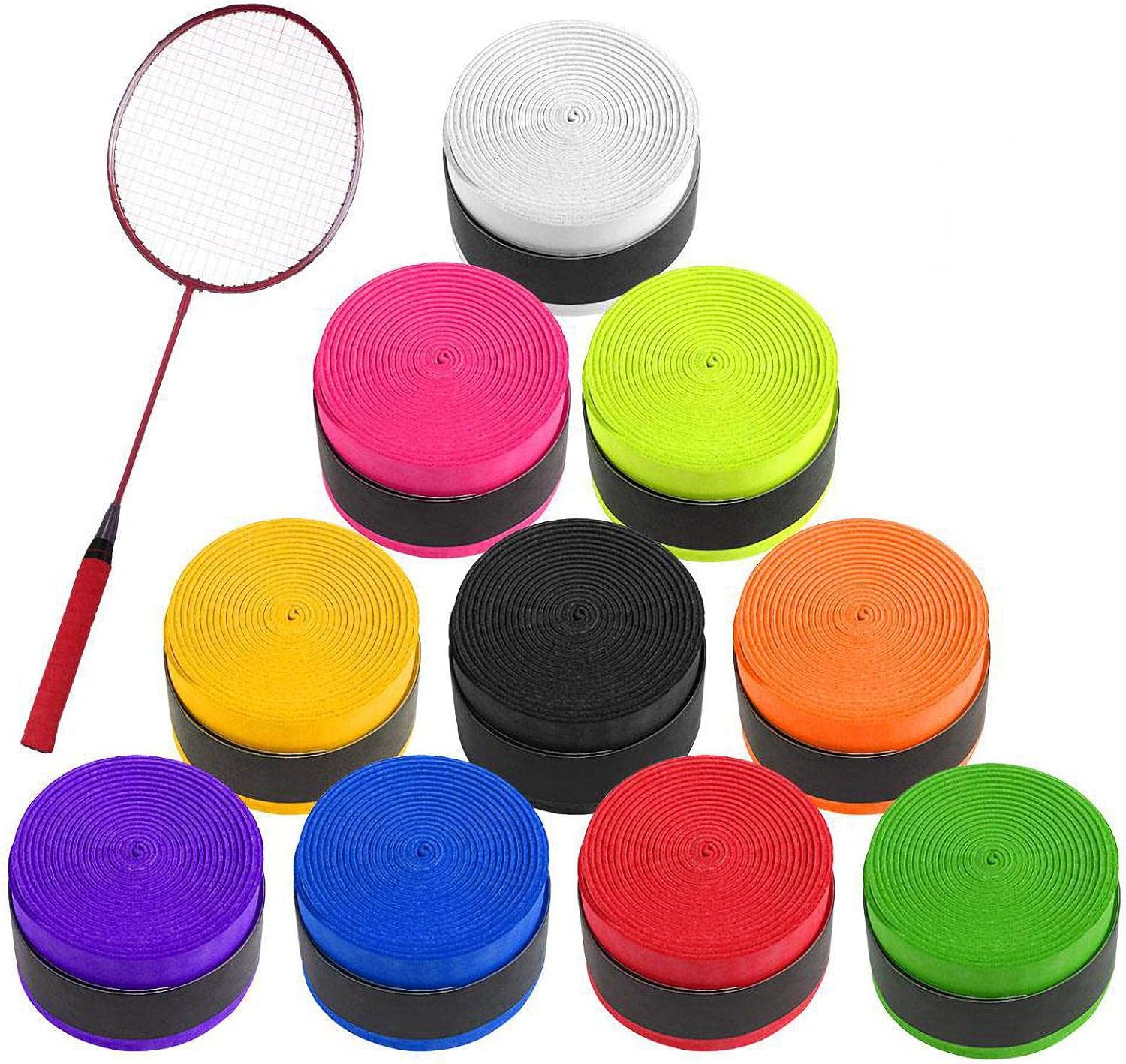 Aipaide 10 PCS Racquet Grip Tape Tennis Badminton Rackets Grips Tape Anti Slip Super Absorbent PU Racquet Handle Grip Tape For Tennis Badminton Squash Sports (10 Colors)