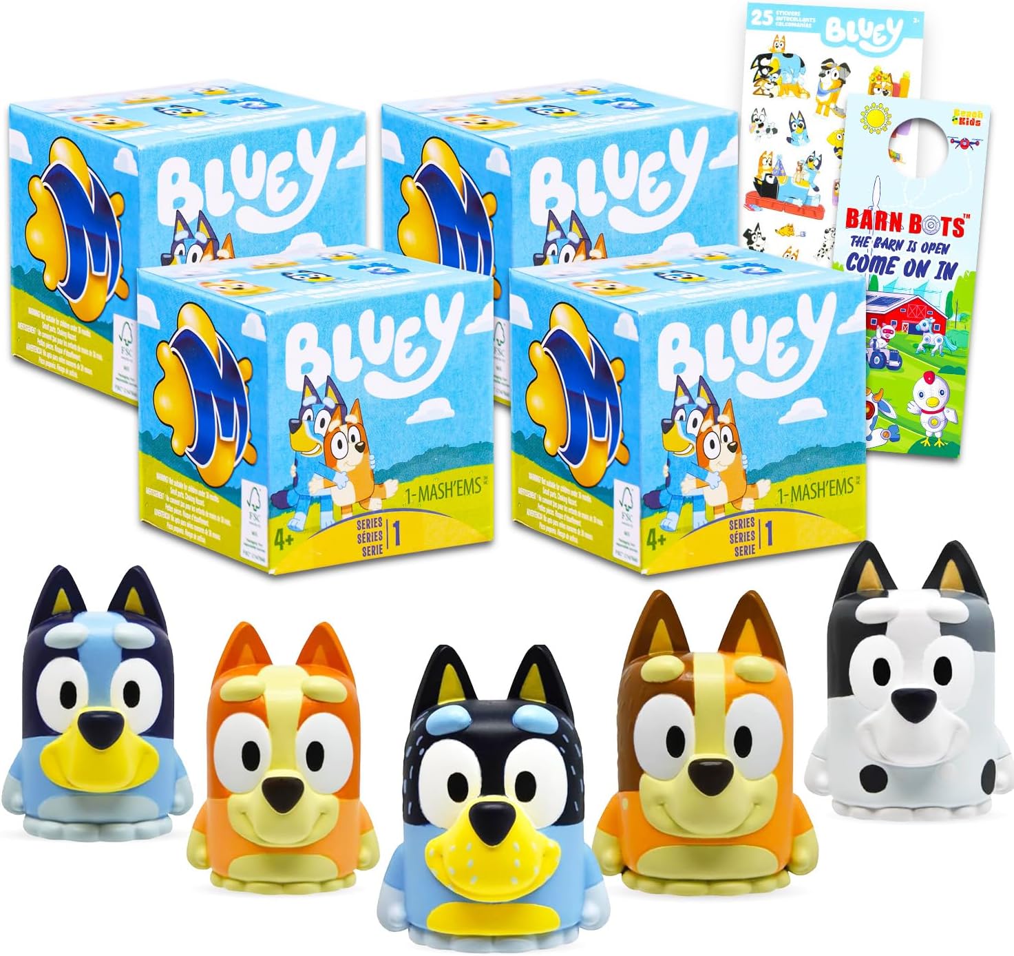 Bluey Blind Box Party Favors - Bundle with 4 Mash'Ems Blind Box Mini Figures Mystery Toys Plus Stickers, More | Bluey Figurines for Kids, Boys, Girls