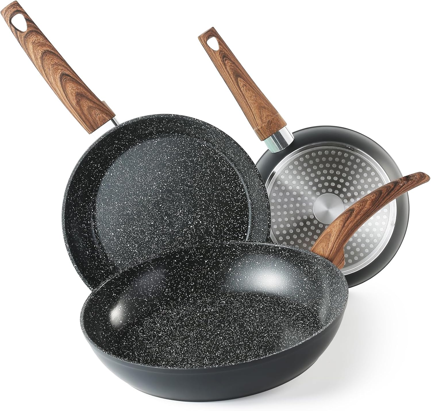 Non Stick Frying Pan Skillet Set, 8" 9.5" 11" Nonstick Pan Set Induction Ceramic Cookware Set with Granite Pattern Omelet Pans, Chef's Pan, Black Kitchen Pan Set
