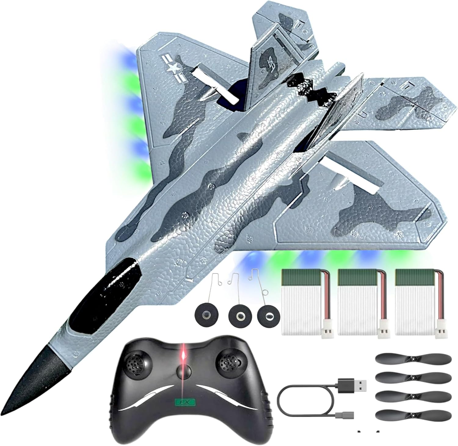 RC Jet Plane 2.4GHz Remote Control Airplane Gift for Kids and Adults - New Planes Model Led Light Aircraft Fighter Army Toy with Extra 3 Battery, Easy to Flying Toys for Boys and Girls