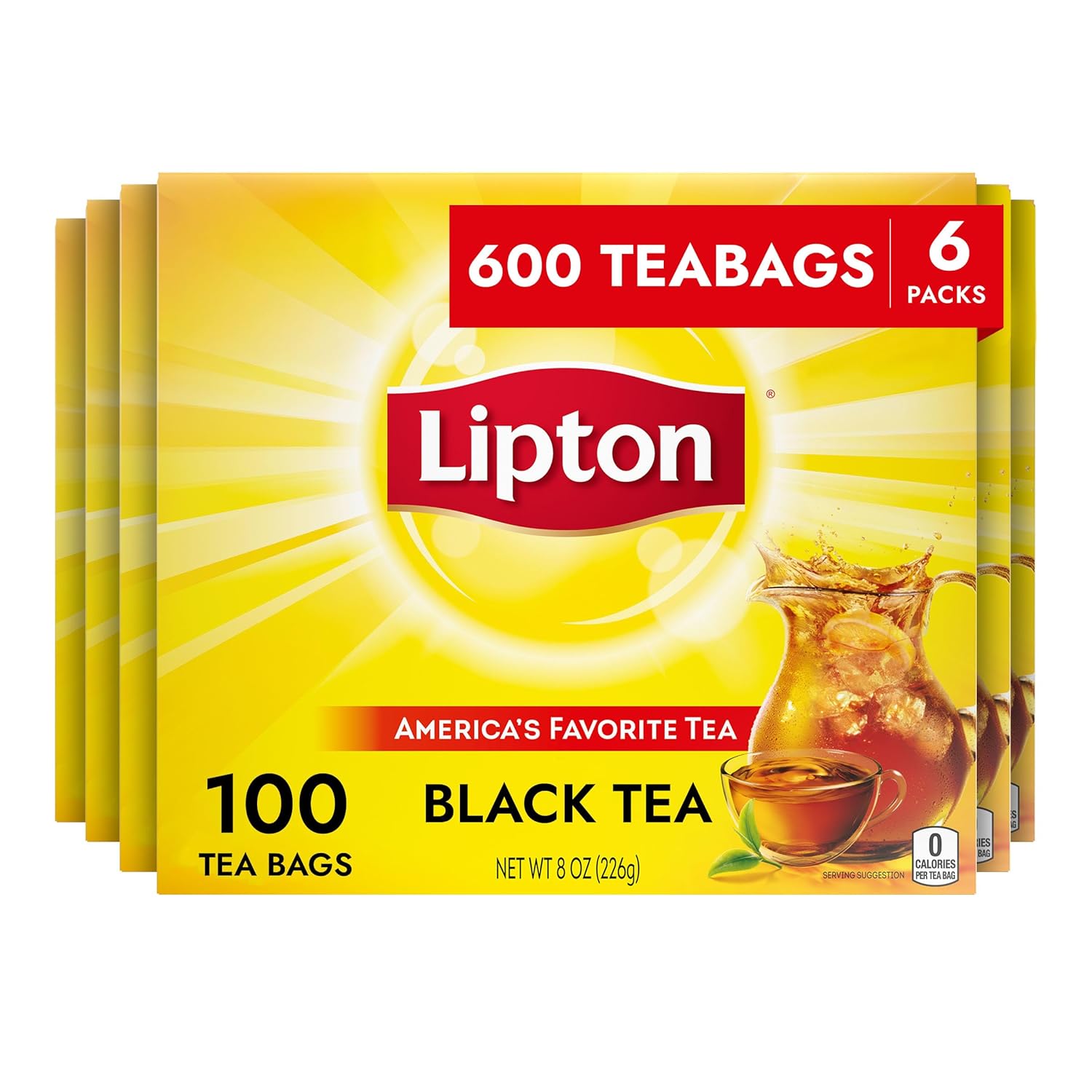Lipton Black Tea Bags, Hot or Iced, Black tea with Caffeine, 600 Total Bags (100ct - Pack of 6)