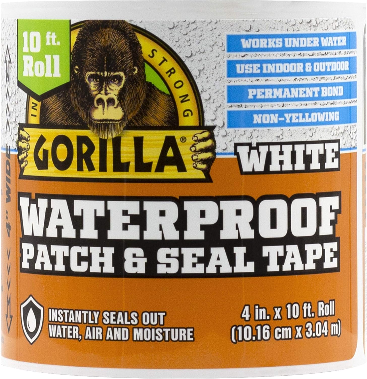 Gorilla Waterproof Patch & Seal Tape, White Tape, 4" x 10' (Pack of 1) - Permanent Weather Resistant Seal for Leaks and Repairs