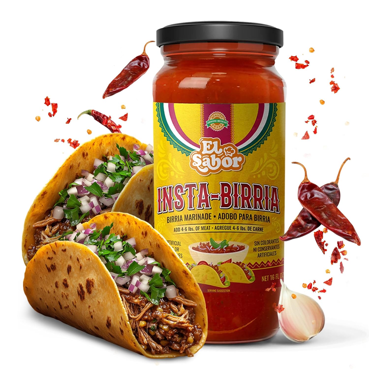 Instabirria Birria Adobo Sauce – Authentic Mexican Flavor in Every Jar – Gourmet Birria Mix (16oz Glass Bottle) for Birria Tacos, Stew & Quesabirrias – Just Add Meat & Water – Makes 6 lbs or 40+ Tacos