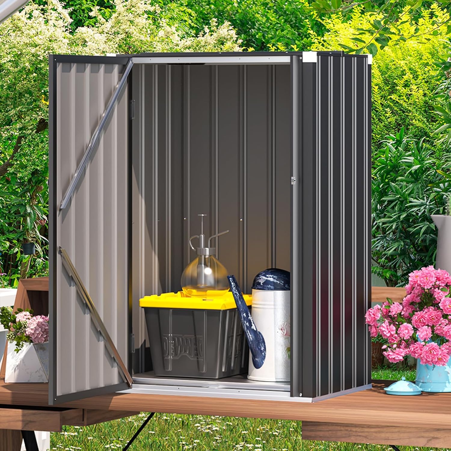 U-MAX Outdoor Cabinet Storage Small Cabinet Cupboard, Waterproof Package Delivery Boxes for Outside, Metal Vertical Tool Storage for Backyard Garden, Black