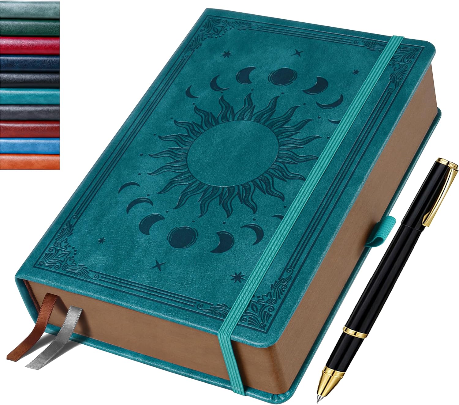 HwxBen Journal for Men & Women, Daily for Classic Lined Writing, 360 Pages Hardcover Journaling Notebook with Pen, Vintage Sun & Moon Design, Seagreen, A5 (5.9'' x 8.5'')