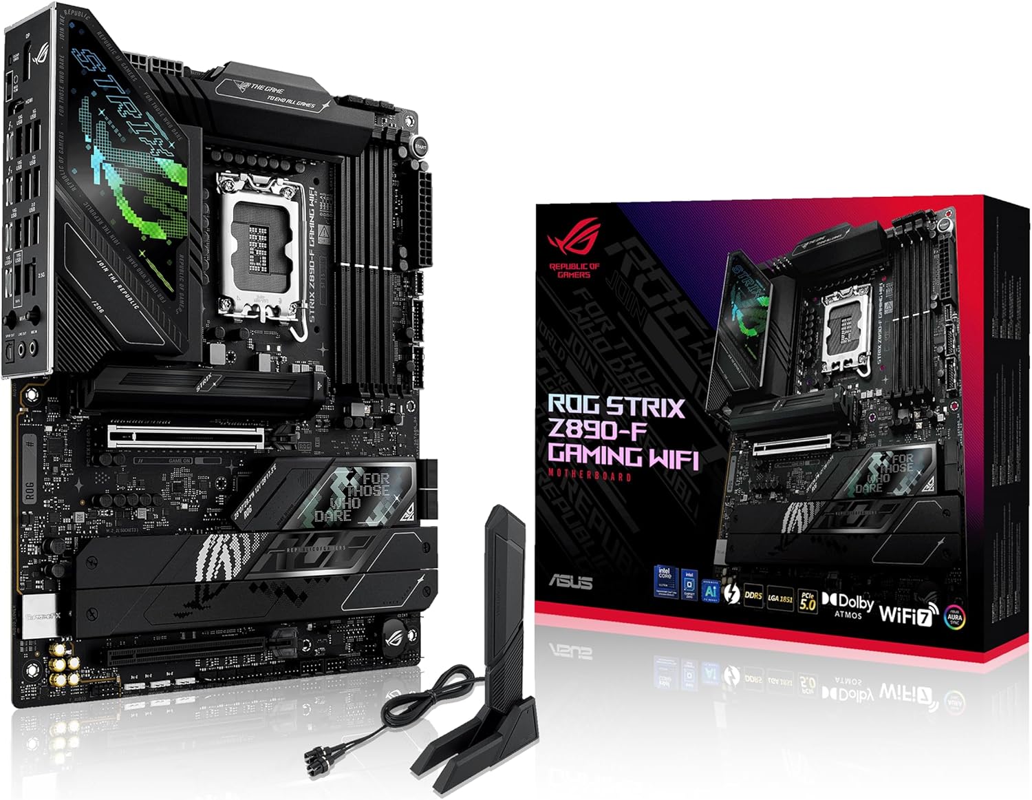 ASUS Intel ROG Strix Z890-F Gaming WiFi ATX motherboard, 16+1+2+2 power stages, DDR5 slots, PCIe 5.0 w/full support for next-gen GPUs, five M.2 slots, WiFi 7, AI Overclocking, AI Networking II