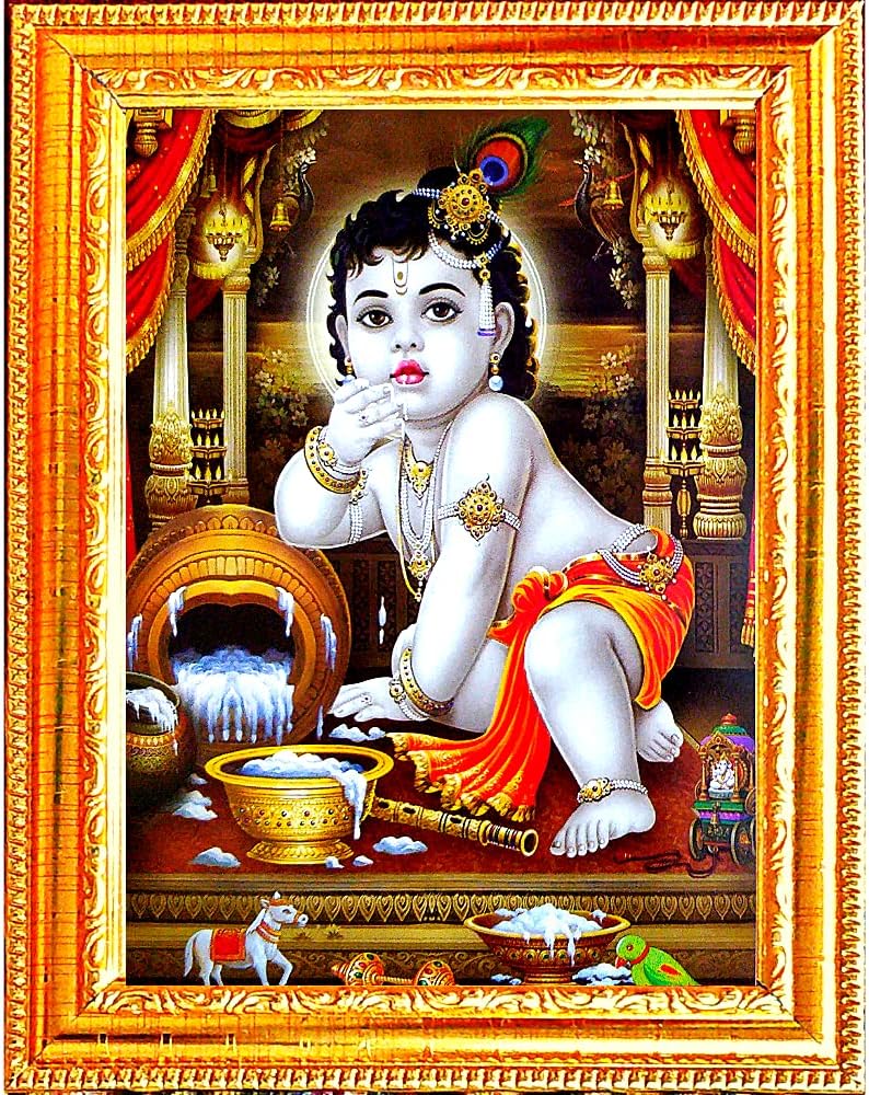 Suninow bal Gopal Picture | God Goddess Religious Framed Painting for Wall and Pooja/Hindu Bhagwan Devi Devta Photo Frame/God Poster for Puja (bal Gopal)