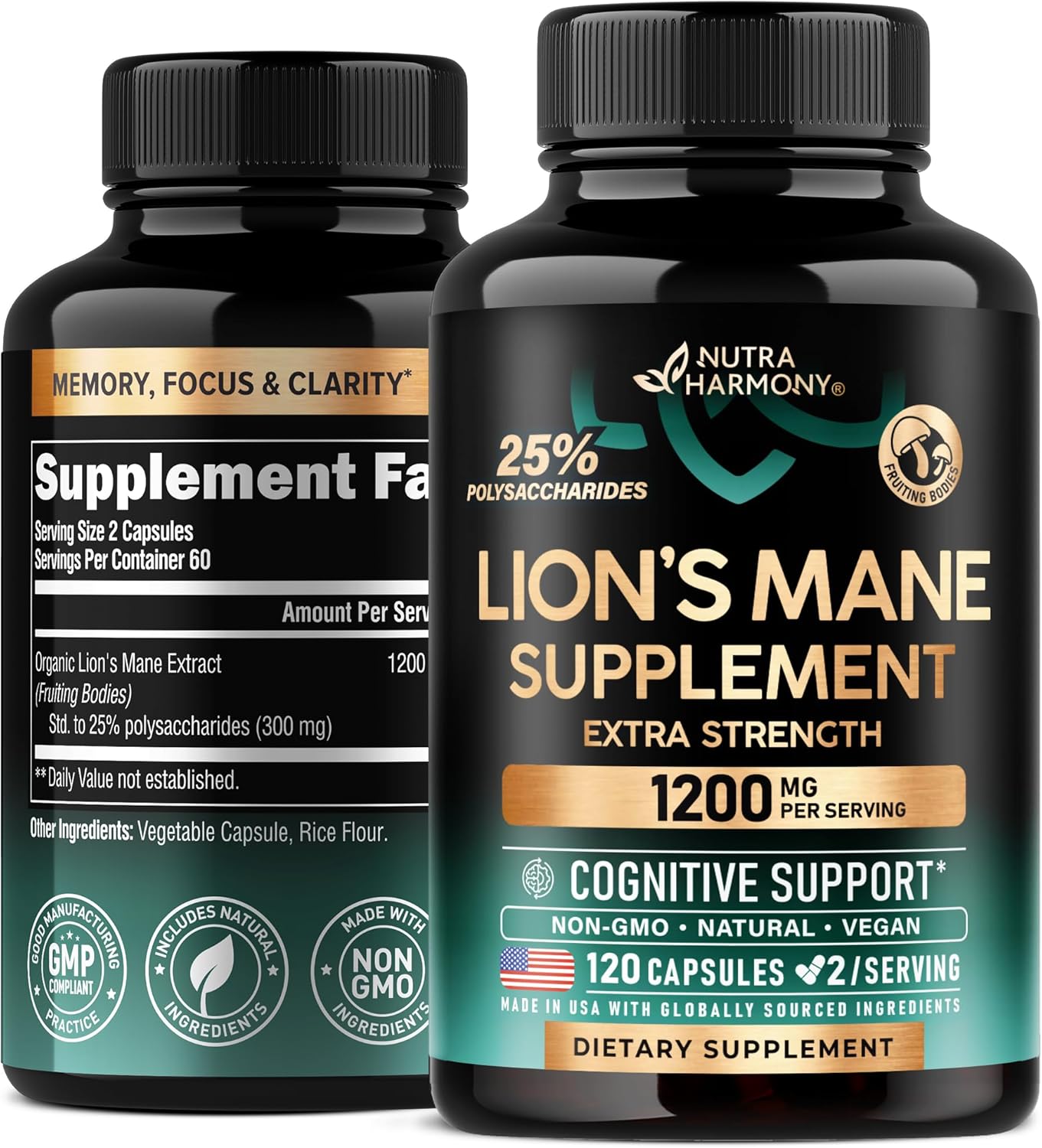 Lions Mane Supplement Capsules - Organic Lions Mane - Made in USA - Fruiting Bodies Extract - 1200 mg, 25% Polysaccharides - Memory & Focus Support - As Lions Powder - 120 Capsules, 2 Month Supply
