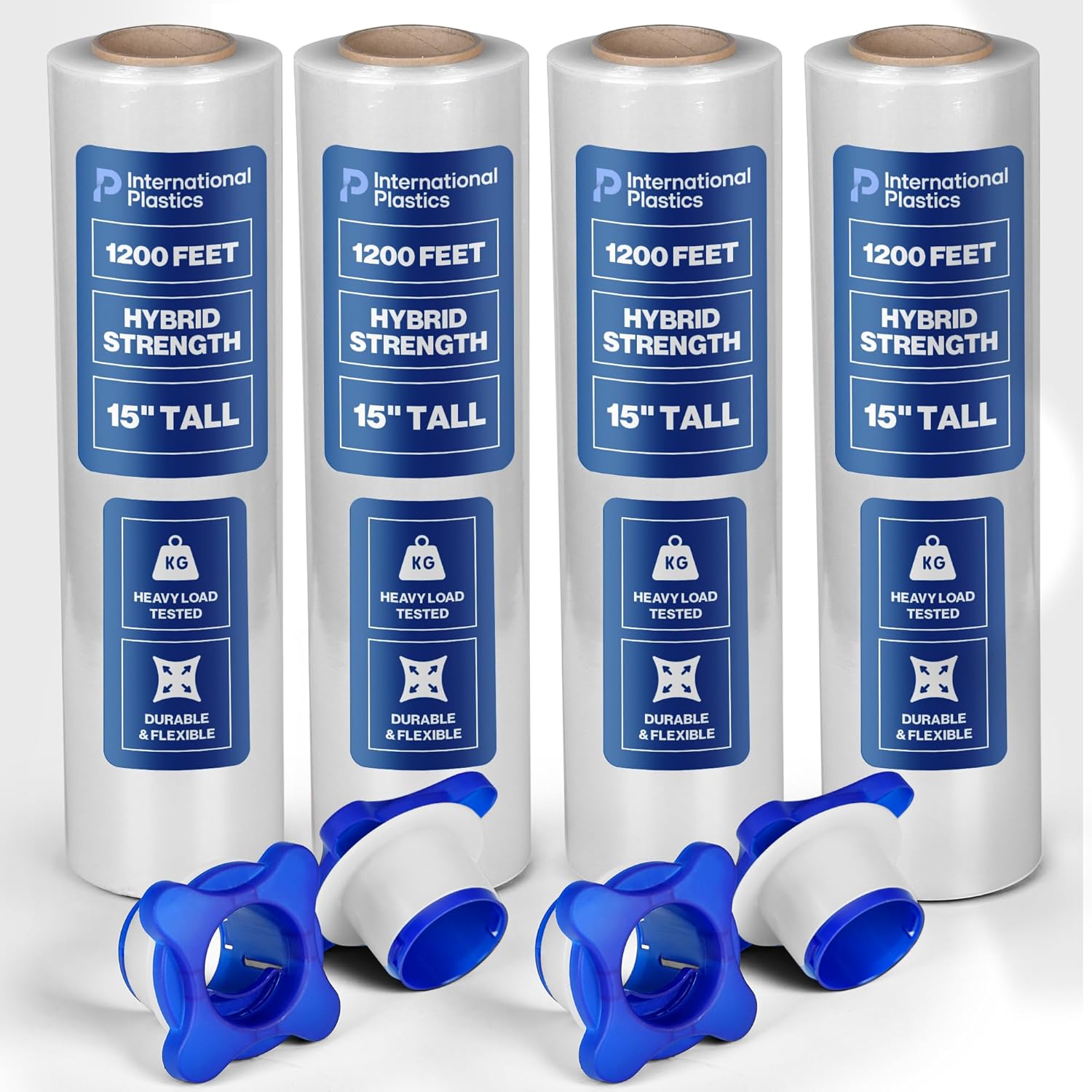 International Plastics Co. 4 Pack of 15" Plastic Stretch Film/Wrap with Tension Handles 1200ft 500% Stretch Clear Durable Adhering Packing Moving Packaging Heavy Duty Shrink (Tension Handles, 4 Pack)