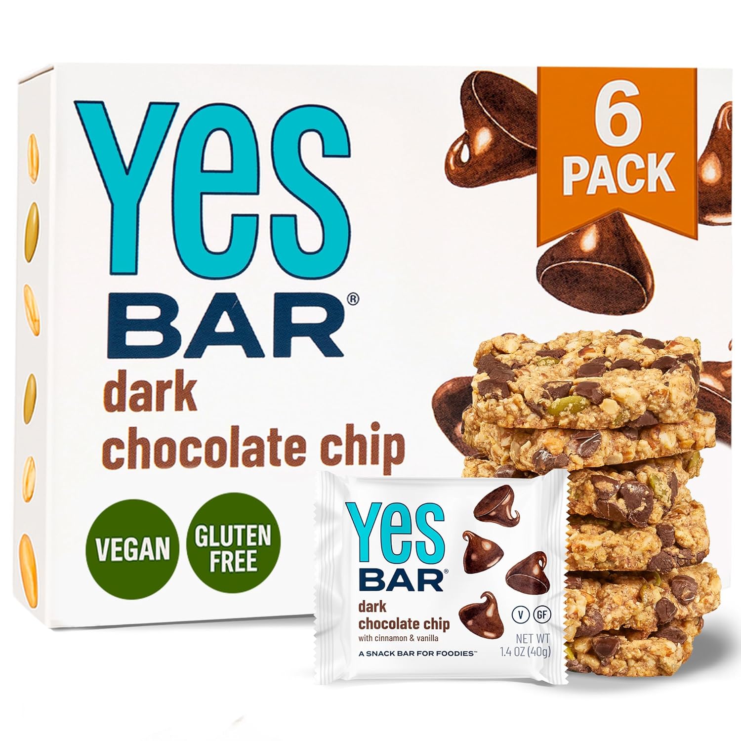 The YES Bar – Dark Chocolate Chip – Plant Based Protein, Decadent Snack Bar – Vegan, Paleo, Gluten Free, Dairy Free, Low Sugar, Healthy Snack, Breakfast, Low Carb, Keto Friendly (Pack of 6)