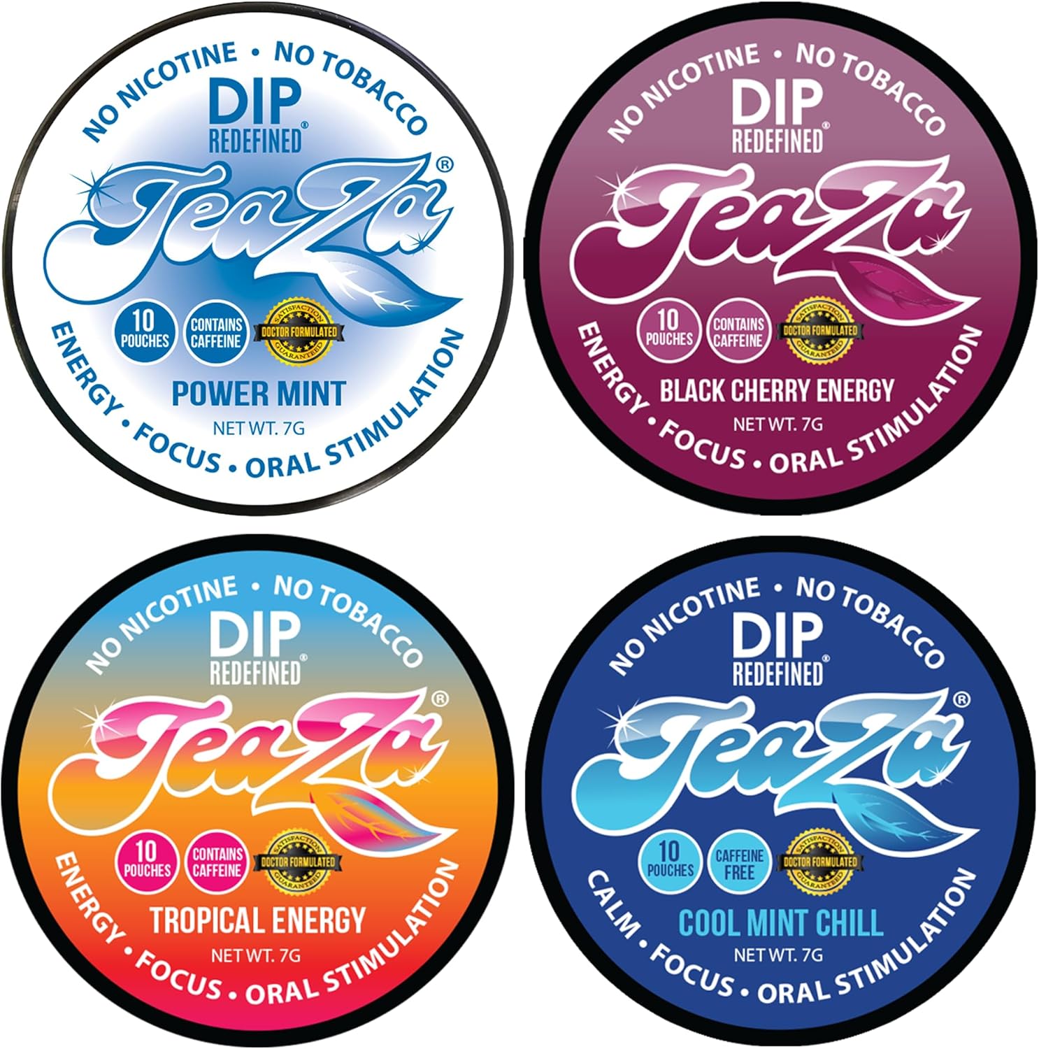 New Teaza Herbal Energy Pouch Mixed (4 Pack) Power Mint-Tropical-Cool Mint Chill-Banging Black Cherry