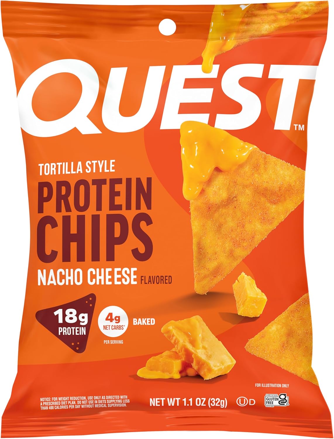 Quest Nutrition Nacho Cheese Tortilla Style Protein Chips, 18g Protein, 4g Net Carb, Low Carb, Gluten Free, 1.1 oz (Pack of 12)