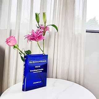 Puransen Blue Book Flowers Vase - Cute Bookshelf Decor, Unique Vase for Book Lovers, Artistic and Cultural Flavor Acrylic Vases for Home Office Decor; A Book About Flowers (Clear Blue)