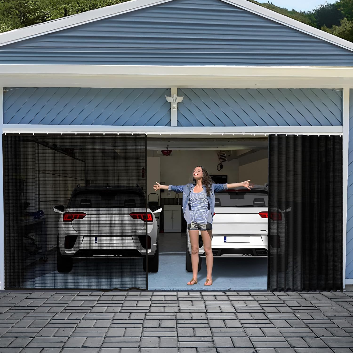 Sliding Garage Door Screen 2 Car,16x7Ft Garage Door Retractable Privacy Curtain Keep Annoying Animals Out Easy Install Heavy Duty Fiberglass Mesh Net for Opening Garage Black