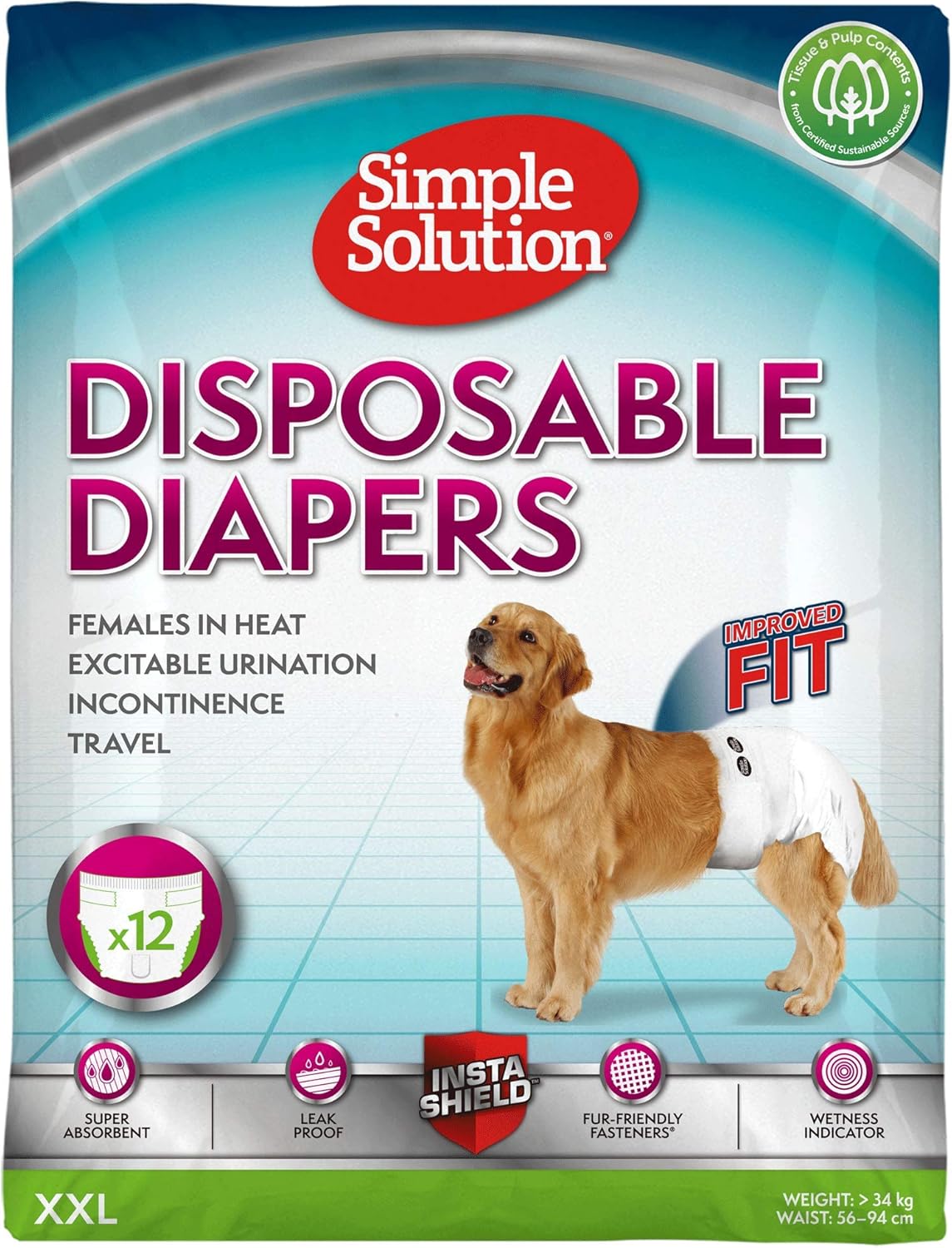 Simple Solution Disposable Dog Diapers for Female Dogs, Super Absorbent Leak-Proof Fit with Wetness Indicator for Excitable Urination, Incontinence or females in heat - 12 pack