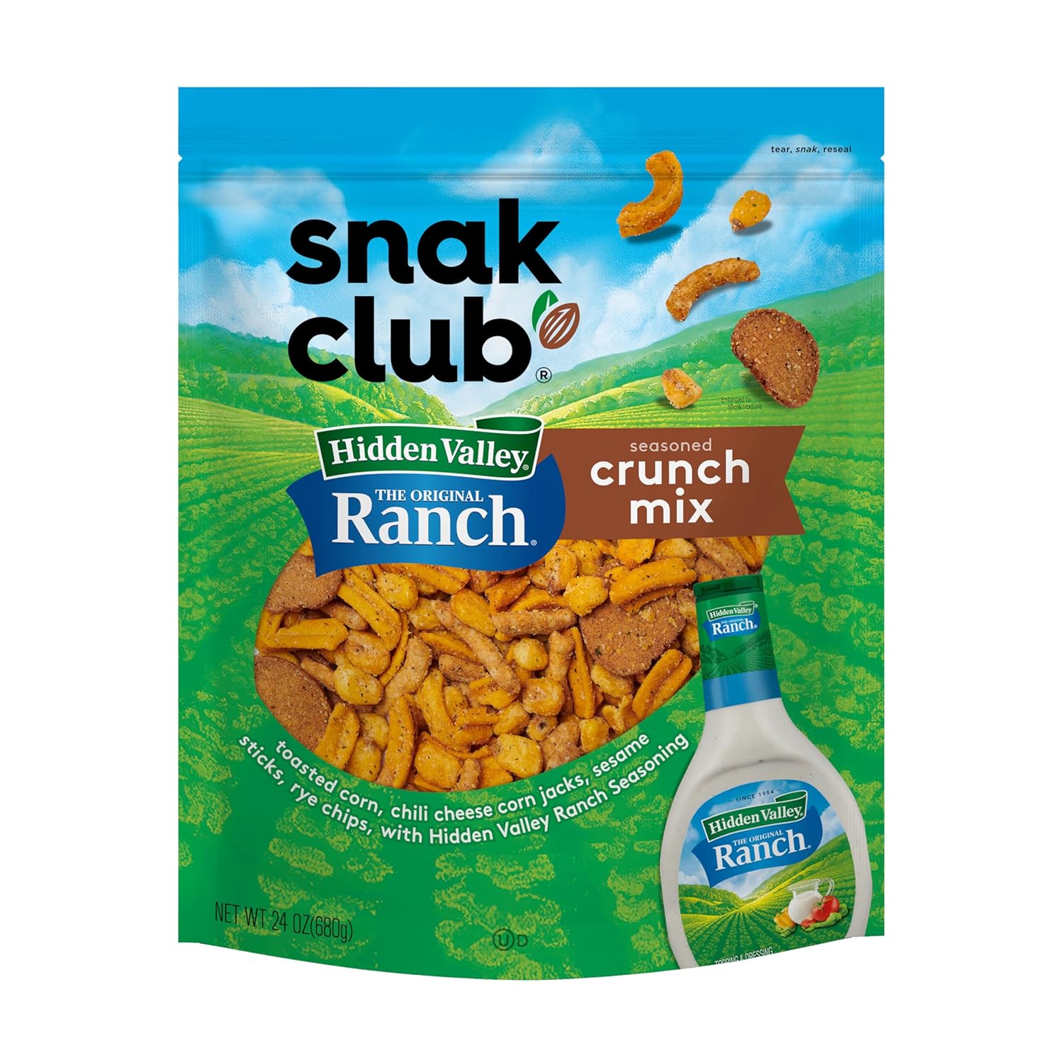 Snak Club Crunch Mix with Hidden Valley Ranch Seasoning, Toasted Corn, Chili Cheese Corn Jacks, Sesame Sticks, and Rye Chips, Kosher Snack, 24 oz Resealable Bag