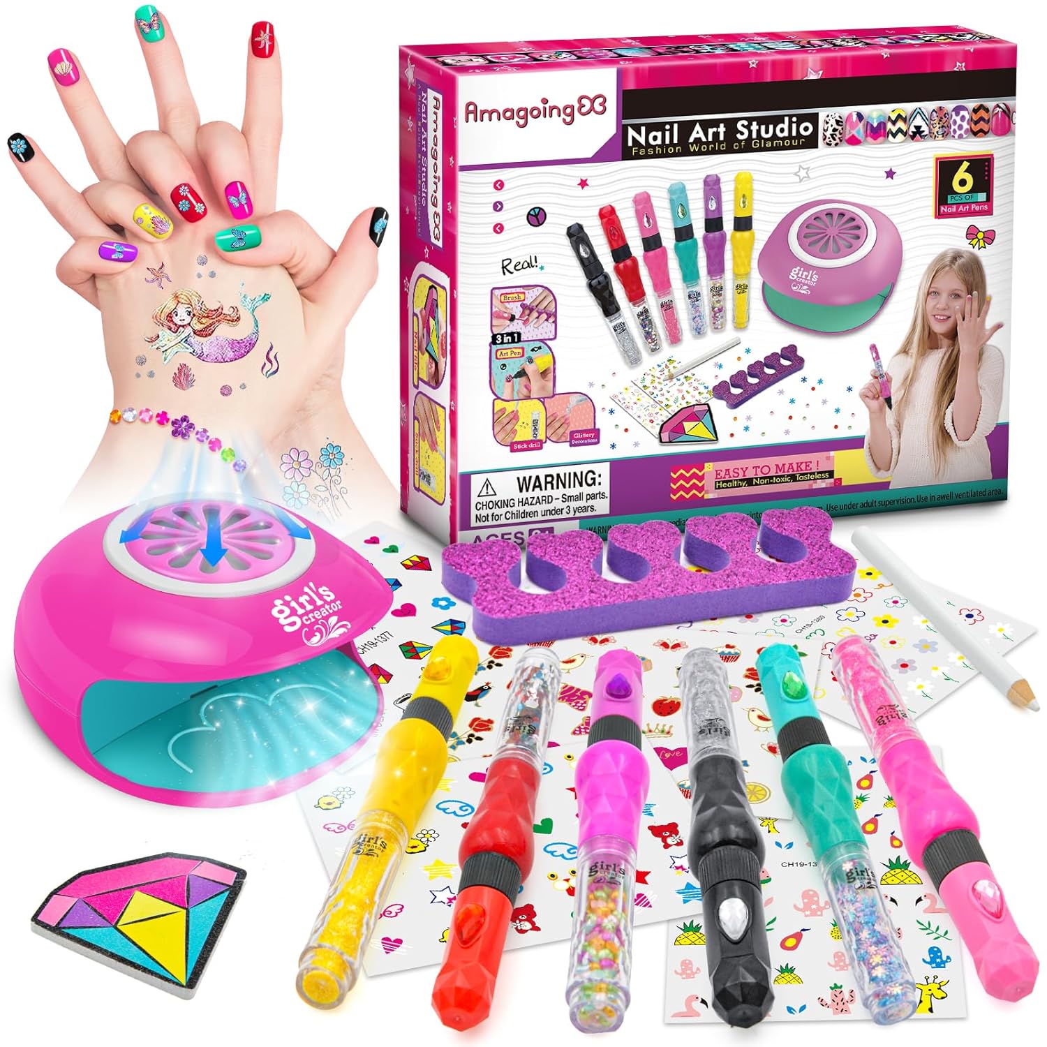 Amagoing Nail Art Studio for Girls, Nail Polish Kit for Kids Age 6-12 Year Old, 3 in 1 Nail Polish Pen, Nail Dryer, Fashion Stickers, Glitter, Decoration Supplies, Makeup Gift for Birthday, Girly Spa