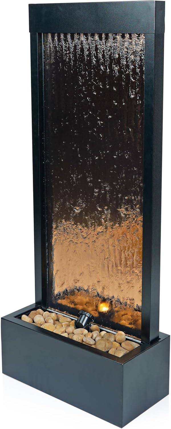 Alpine Corporation - Mirror Waterfall Fountain with Stones & Lights - Zen Indoor/Outdoor Decor for Office, Living Room, Patio, Entryway - 48 Inches (Bronze)