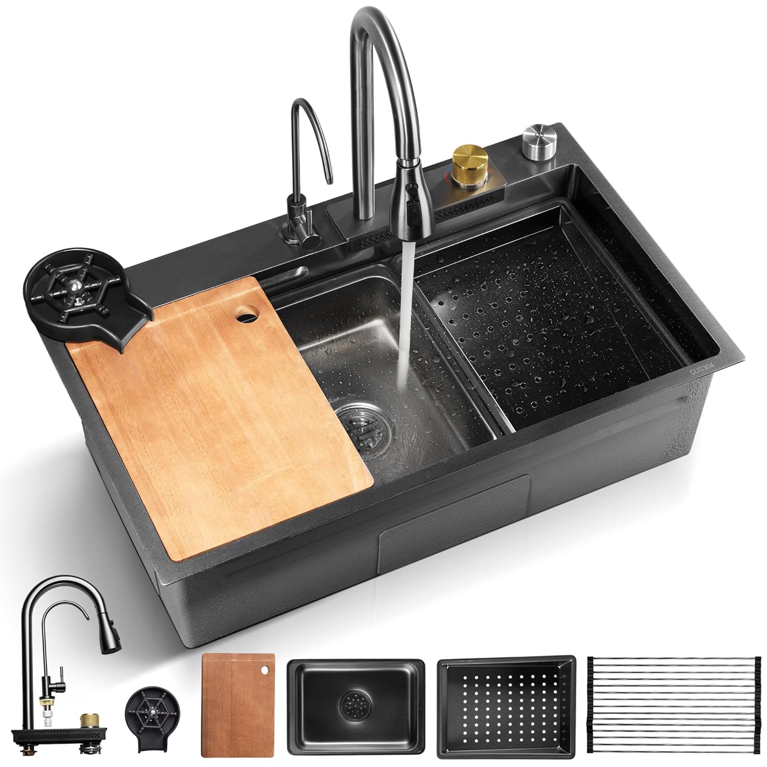 SereneLife Stainless Steel Kitchen Sink | Undermount & Drop-In Installation |13 Gauge & 30"L x 18"W x 9"H IN | Includes Faucet, Drain Rack, Strainer Basket, Cutting Board & Cup Washer | Black
