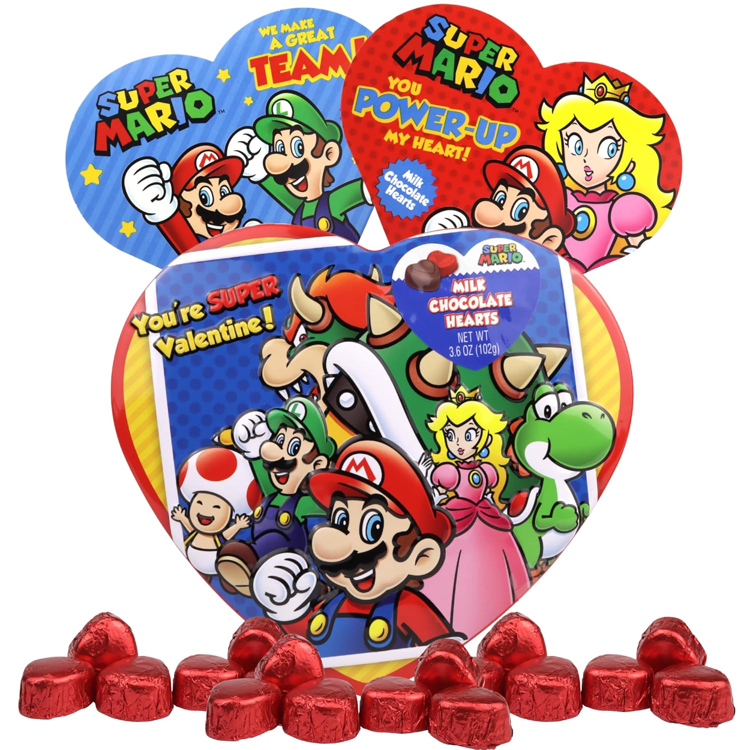 Super Mario Chocolate Heart Gift Boxes, Individually Wrapped Candy, for Anniversaries, Birthdays, and Gift Baskets, Pack of 3