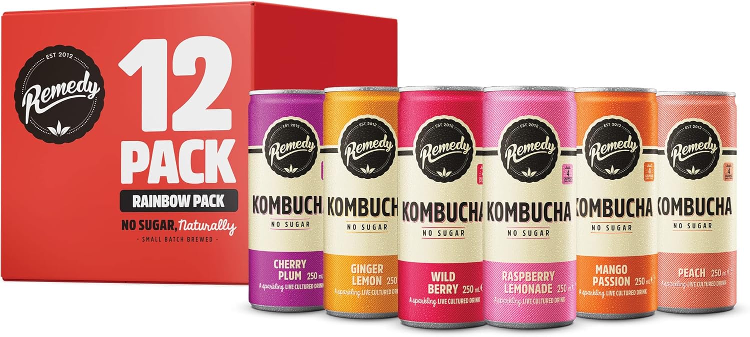 Remedy Kombucha Tea - Rainbow Mixed Pack - Sparkling Live Cultured, Naturally Sugar Free Soft Drink - Probiotic for Gut Health - 12 x 250ml