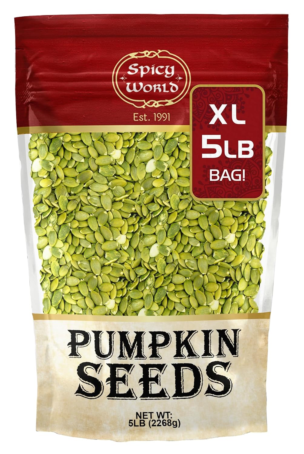 Raw Pumpkin Seeds 5 LB Jumbo Bag - Shelled, AAA Grade, Unsalted, Dry, Vegan, Bulk Bag by Spicy World